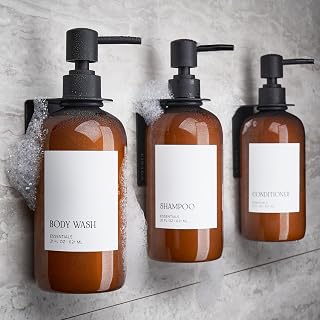KIBAGA Wall Mounted Shampoo & Conditioner Dispenser Set of 3 - Drill-Free 21oz Shower Soap Bottles with Labels & Funnel for Stylish Bathroom Upgrade