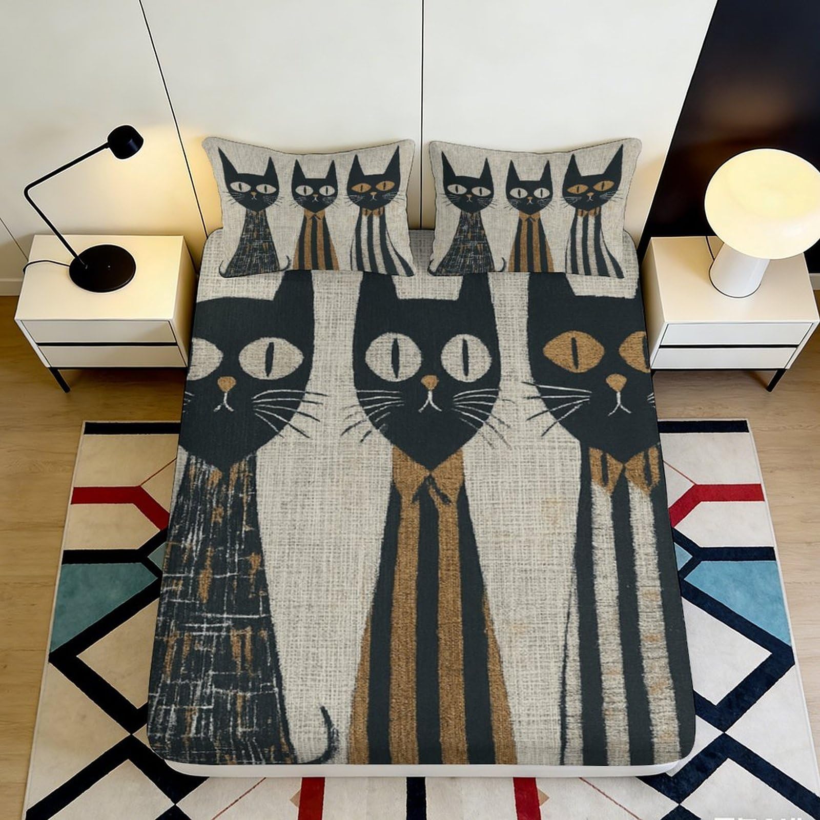 3D Printed Retro Cat Art Fitted Sheet Microfiber Non-Slip Mattress Cover for Bedroom Dorm Easy Care Decor 115 140x200x25cm
