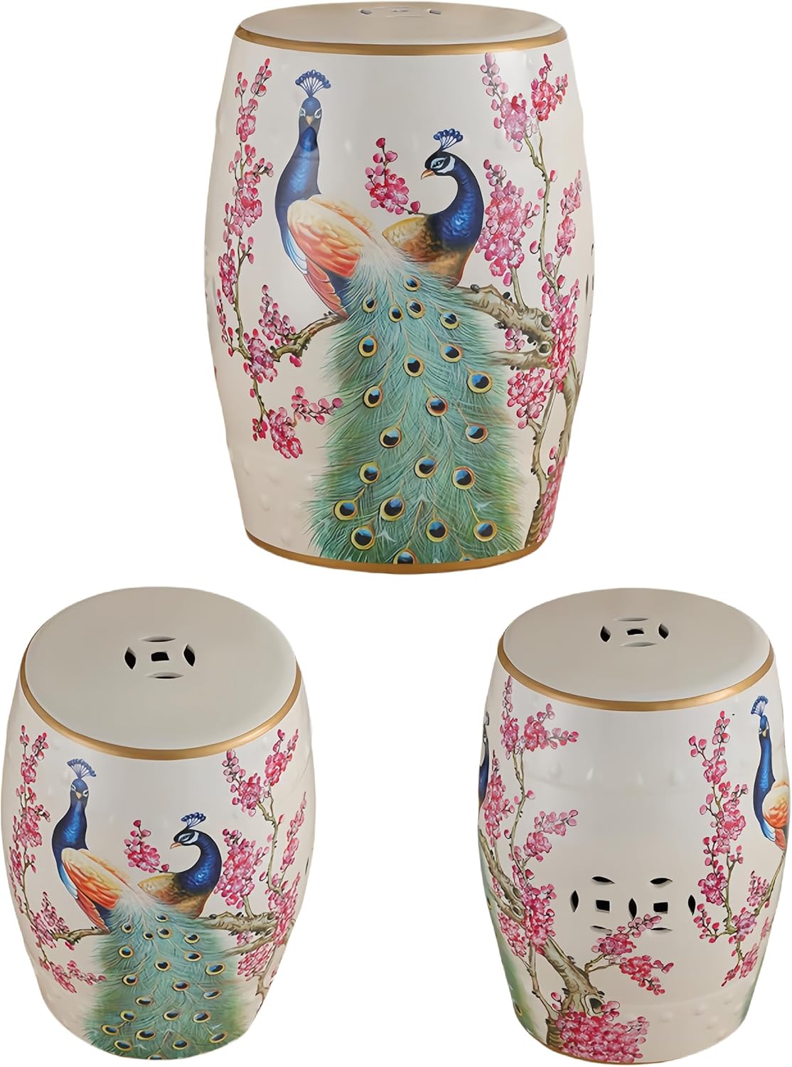 Decorative Ceramic Garden Stool, Glazed Hollow Peacocks Paintings Drum Stool, Suitable for Living Room, Patio, Garden, Balcony (White)