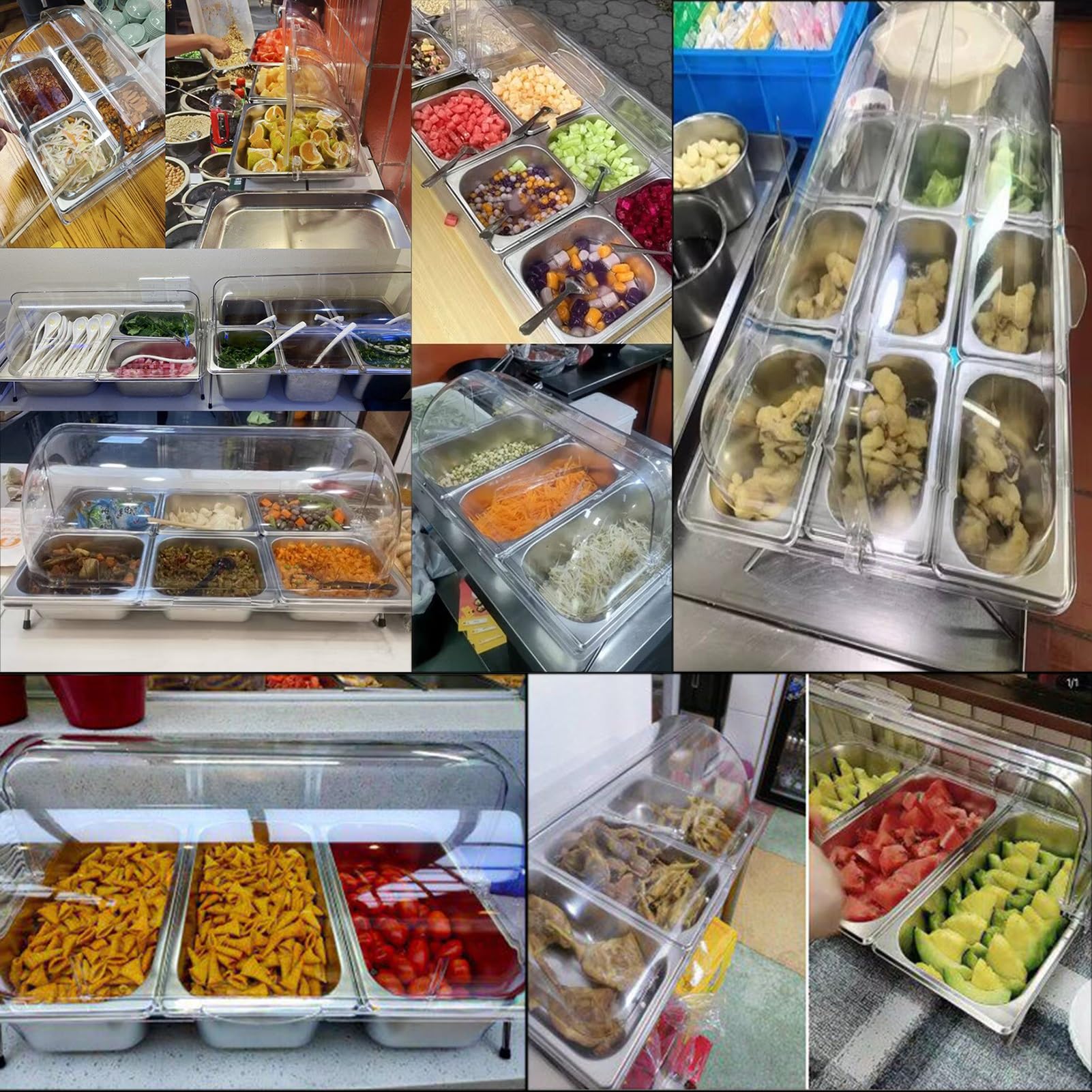 Contenedor de acero inoxidable para servir alimentos con tapa transparente, organizador de encimera, estante de exhibición de especias, contenedor de buffet de despensa para salsas y mermeladas