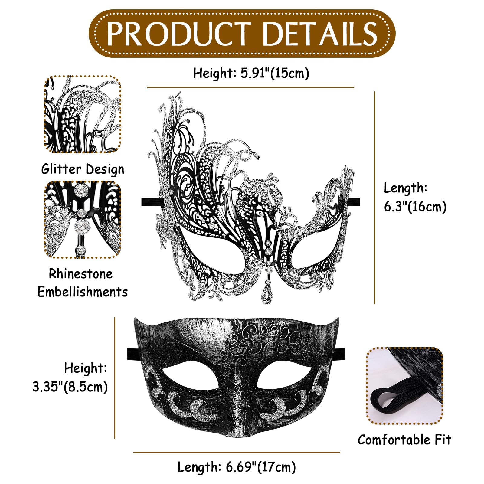 Oidea Couple Masquerade Mask Set: Venetian Prom Party Mask Mardi Gras Halloween Costume Accessory Glitter Rhinestones Wedding Cosplay Masks - Image 3