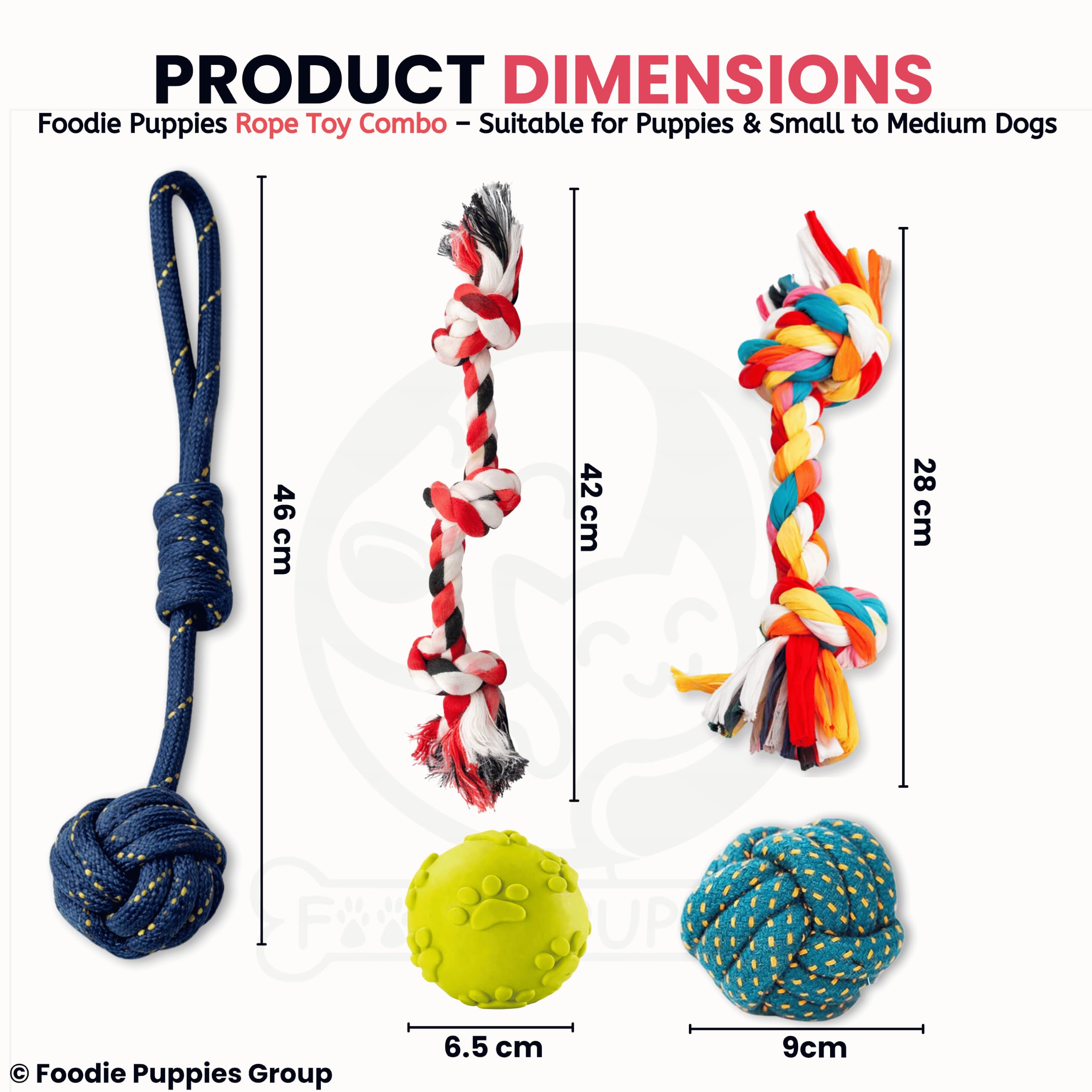Foodie Puppies 5-in-1 chew Toy Combo Includes Ropes and Squeaky Balls, Supporting Teething, Training, Chewing, Fetching, and Active Play for Small Dogs. (Color May Vary)