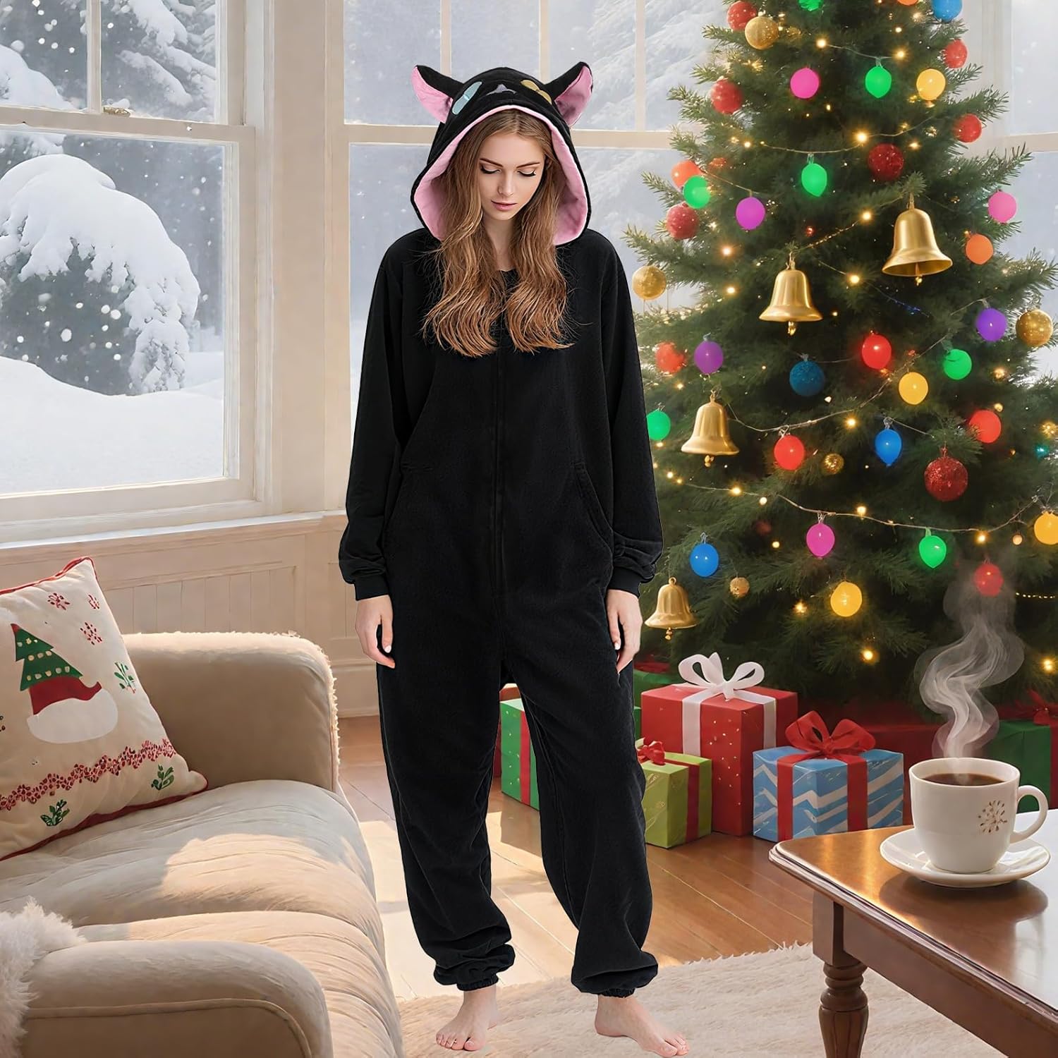 Christmas Black Cat Onesie Adult Pajamas Women Cat Costume Cute Animal Cosplay Hoodie Sleepwear Halloween Jumpsuit - Image 7