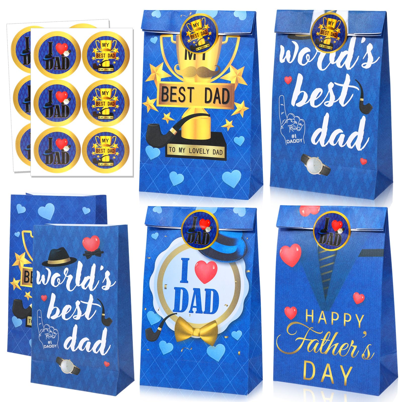 HOWAF 12Pcs Happy Father’s Day Gift Bags Blue Father's Day Candy Bags with 12pcs Round Stickers Love Dad Goody Bags for Gift Wrapping Best Dad Theme