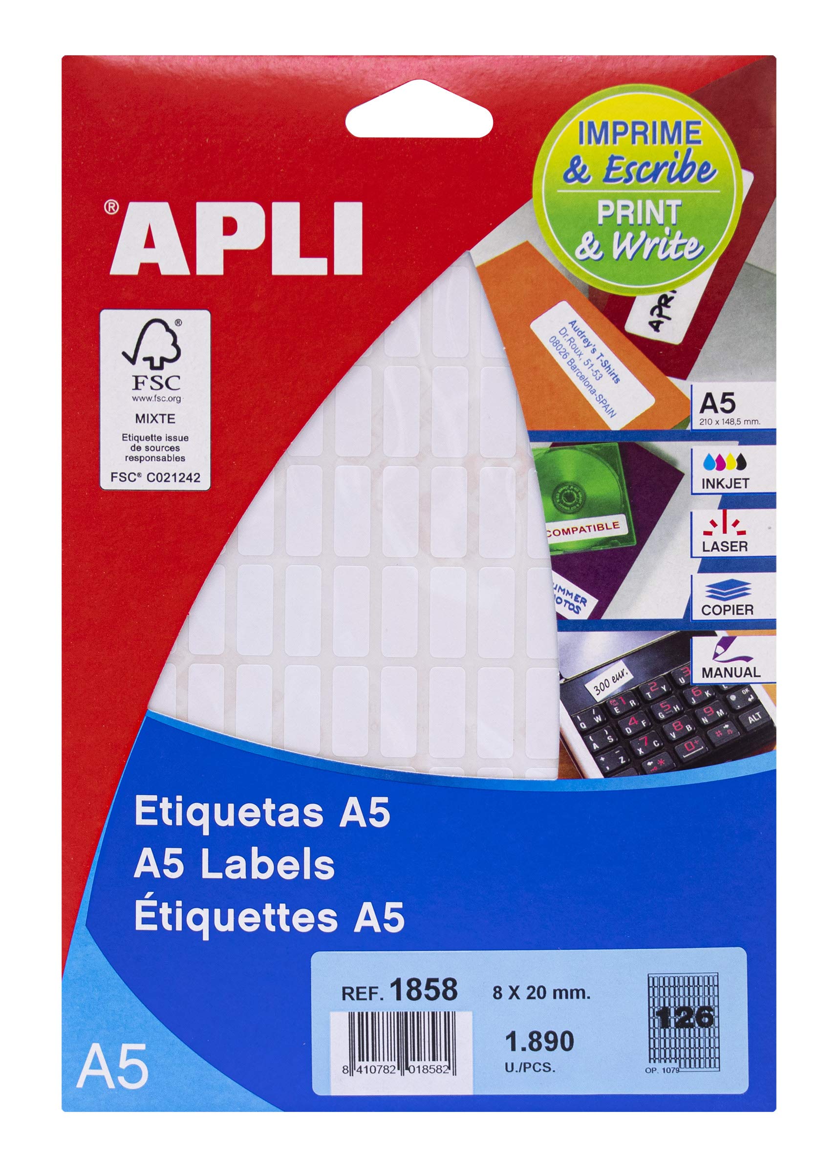 APLI 71y18 White Printable Labels 8 x 20 mm White