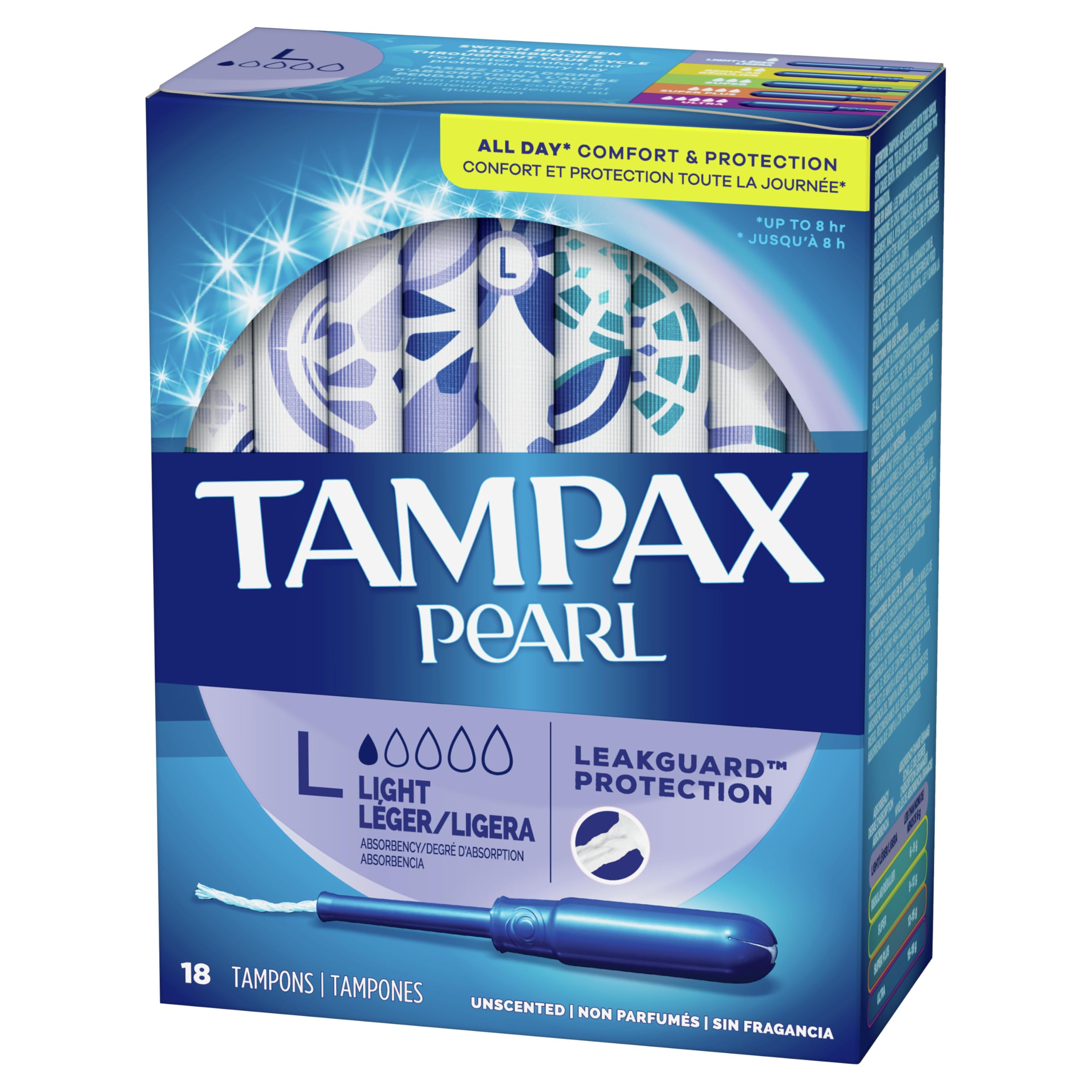 Tampax Pearl Tampons, Light Absorbency With Leakguard Braid, Unscented, 18Count