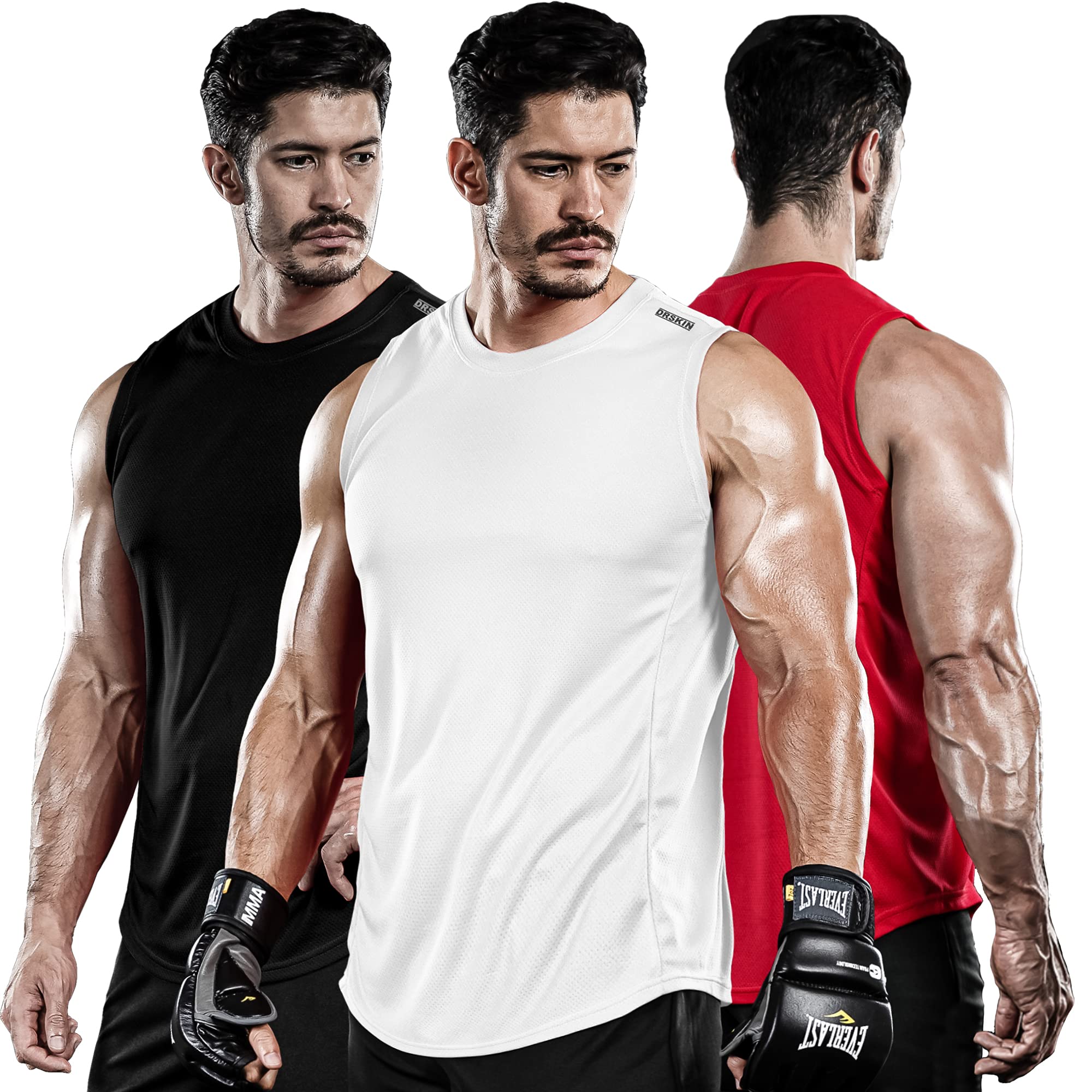 DRSKINMen's 3 Pack Dry Fit Muscle Tank Tops Mesh Sleeveless Gym Bodybuilding Training Athletic Workout Cool Shirts