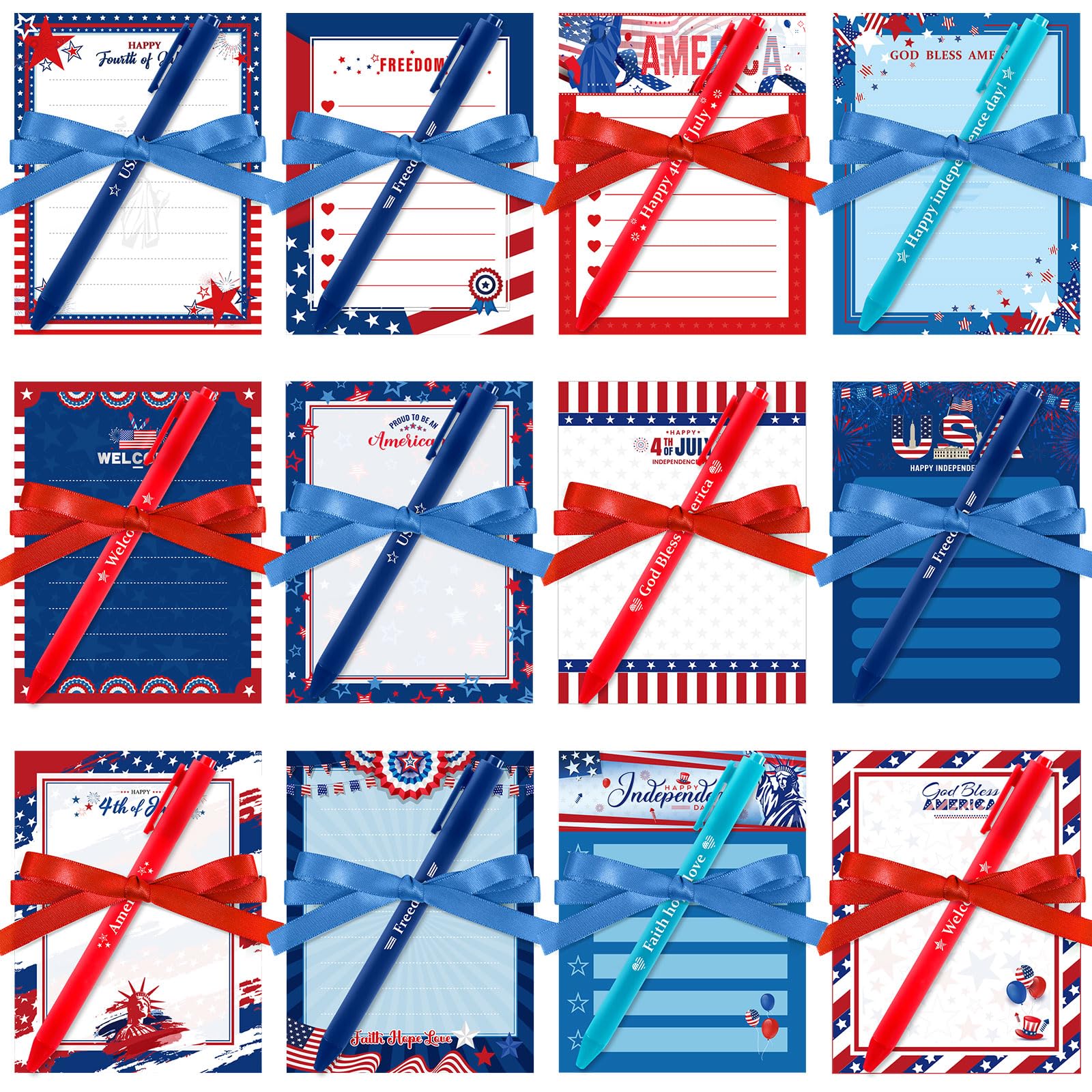 Marspark 36 Sets 4th of July Sticky Notes with Pen and Ribbon Independence Day Notepads Bulk Patriotic Note Pads Red White Blue Star Memo Pads