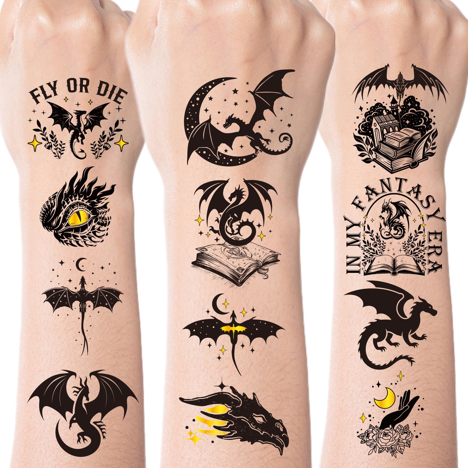 Black Wings Dragon Temporary Tattoos, 270+ Dragon Birthday Party Favors Decorations, West Dark Mysterious Ancient Animals Tattoo Stickers for Dragons Goodie Bags Supplies Fillers Gifts