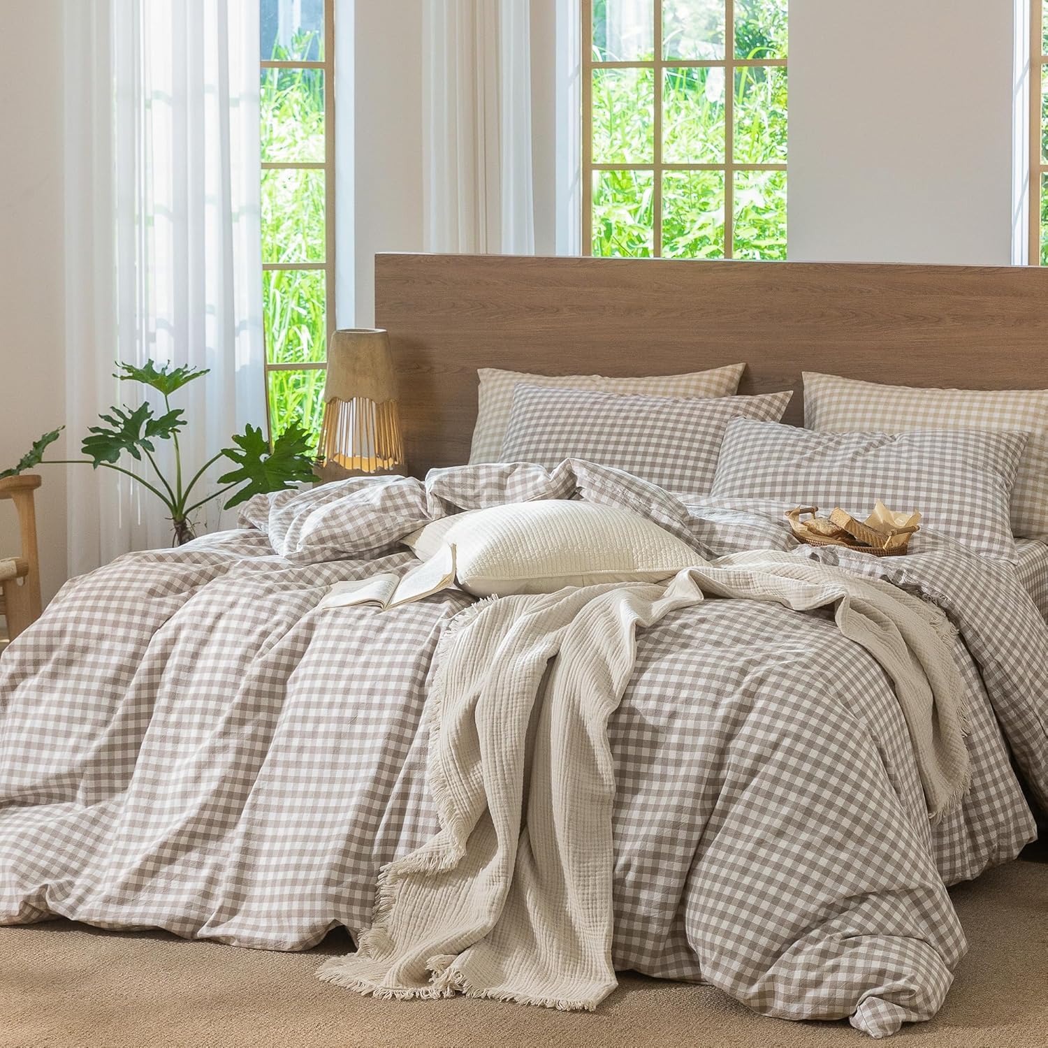 Lanqinglv Vichy - Funda nórdica de 220 x 240 cm, color caqui a cuadros, juego de cama para adultos, 2 personas, de microfibra clásica, fundas de edredón con cremallera y 2 fundas de almohada de 65 x