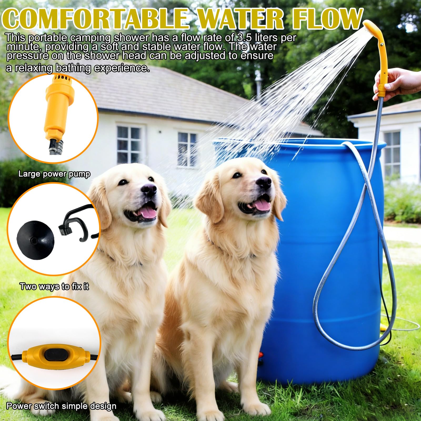 Doccia portatile da campeggio, 12 V, per campeggio, presa accendisigari, per esterni, con pompa a immersione e soffione, doccia per esterni, per auto, roulotte, camper