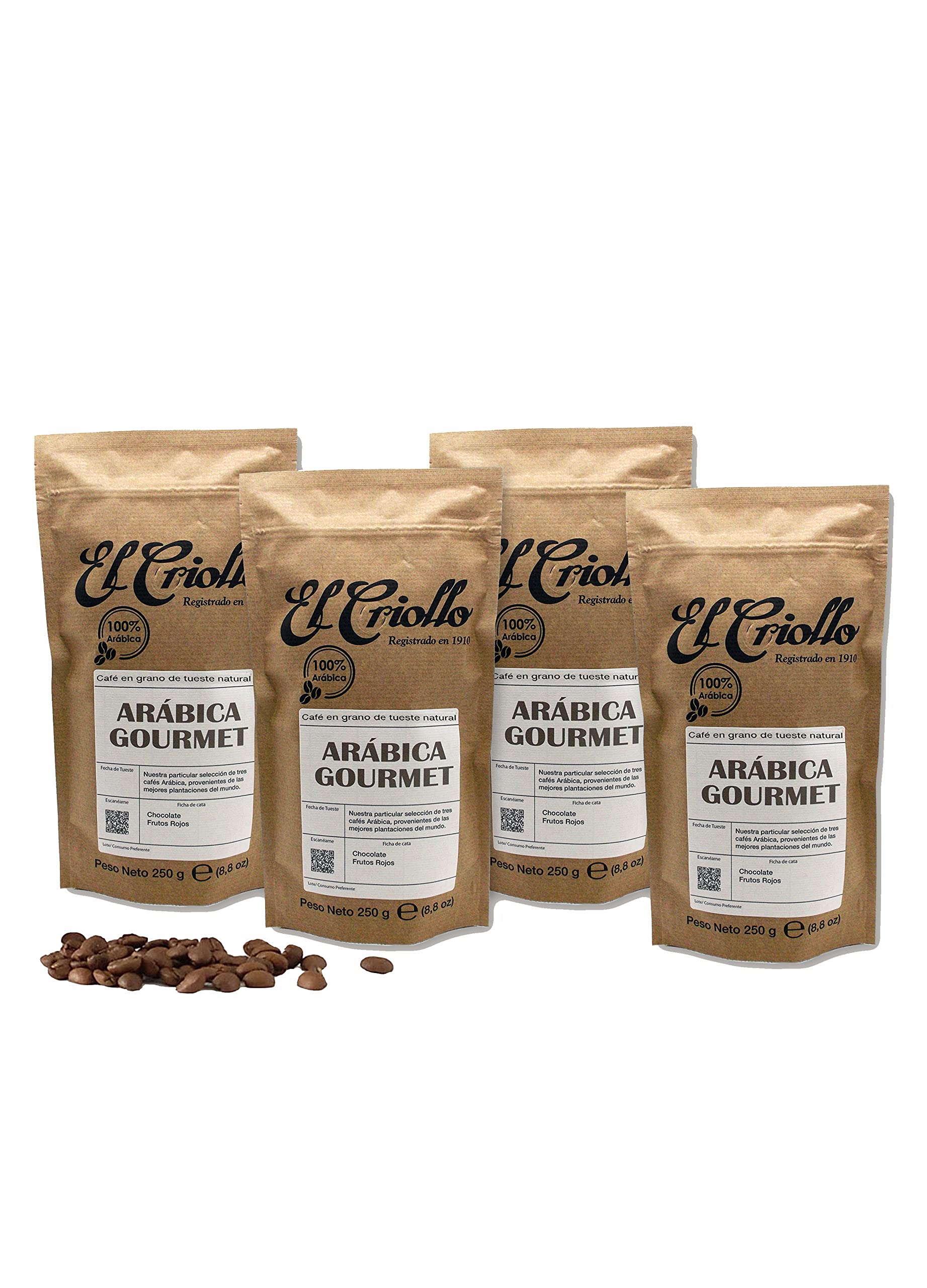 Caffè Arabica Gourmet IN GRANI - El Criollo® | Miscela Arabica tostata naturale al 100% | Caffè speciale | Confezione da 4x250gr. (1 KG)