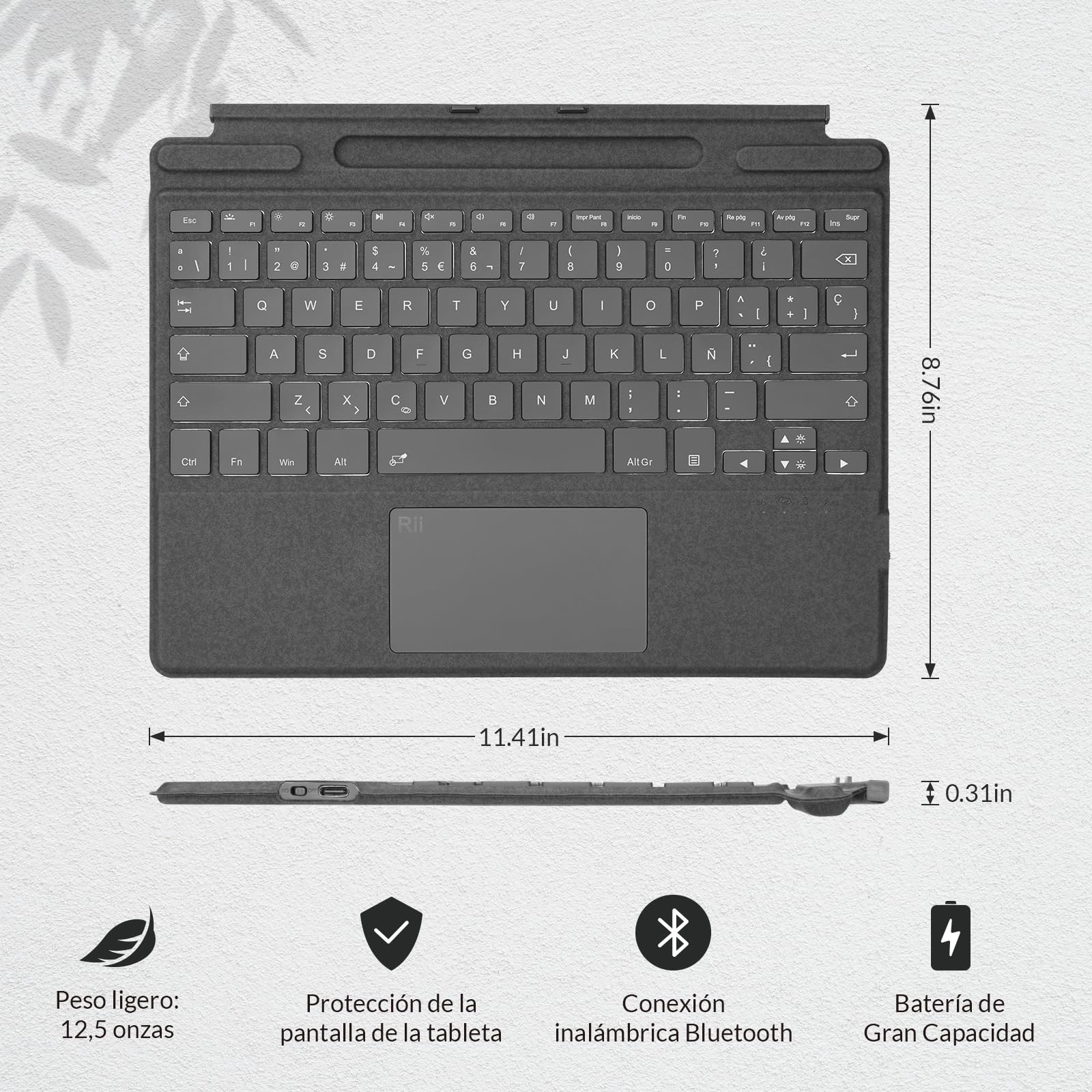 Rii SF108 Teclado Inalámbrico Bluetooth Magnétic para Microsoft Surface Pro Signature Teclado, Layout Español (Surface Pro 8/9/X)