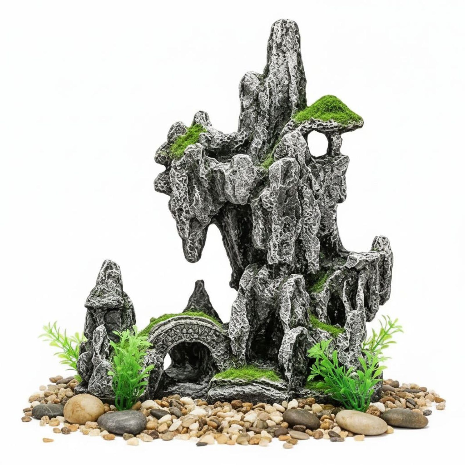 Grande decorazione per acquario e montagna, grotta nascosta per paesaggi rocciosi, 17 x 9,9 x 21,1 cm, ornamento per acquario con muschio simulato, potenziatore realistico dell'ecosistema per