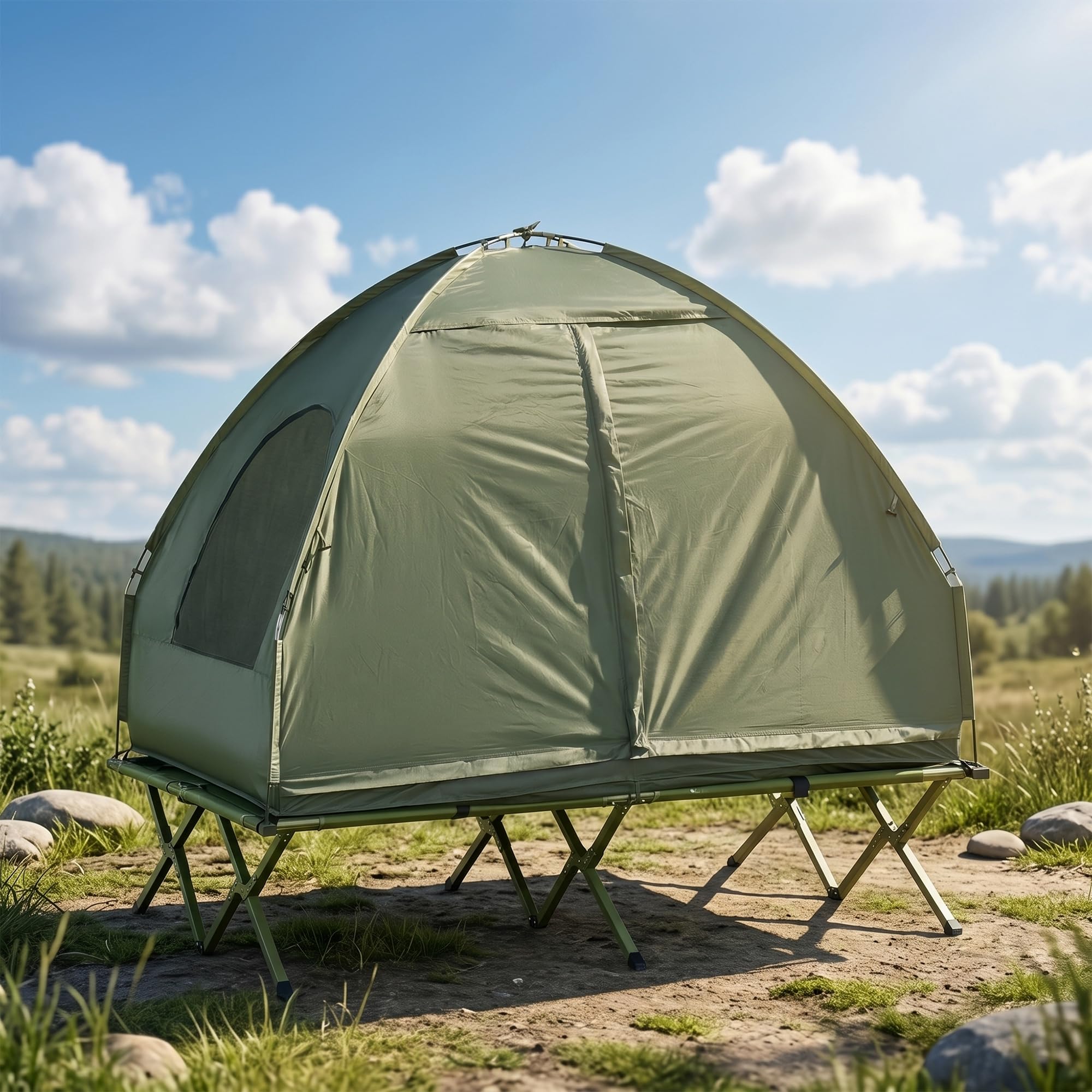 Outsunny Cama Doble de Camping Plegable con Tienda de Campaña 4 en 1 Cama de Campamento Elevada con Colchón Hinchable y Bolsa de Transporte de Tela Oxford 600D Acero 193x145x180 cm Verde