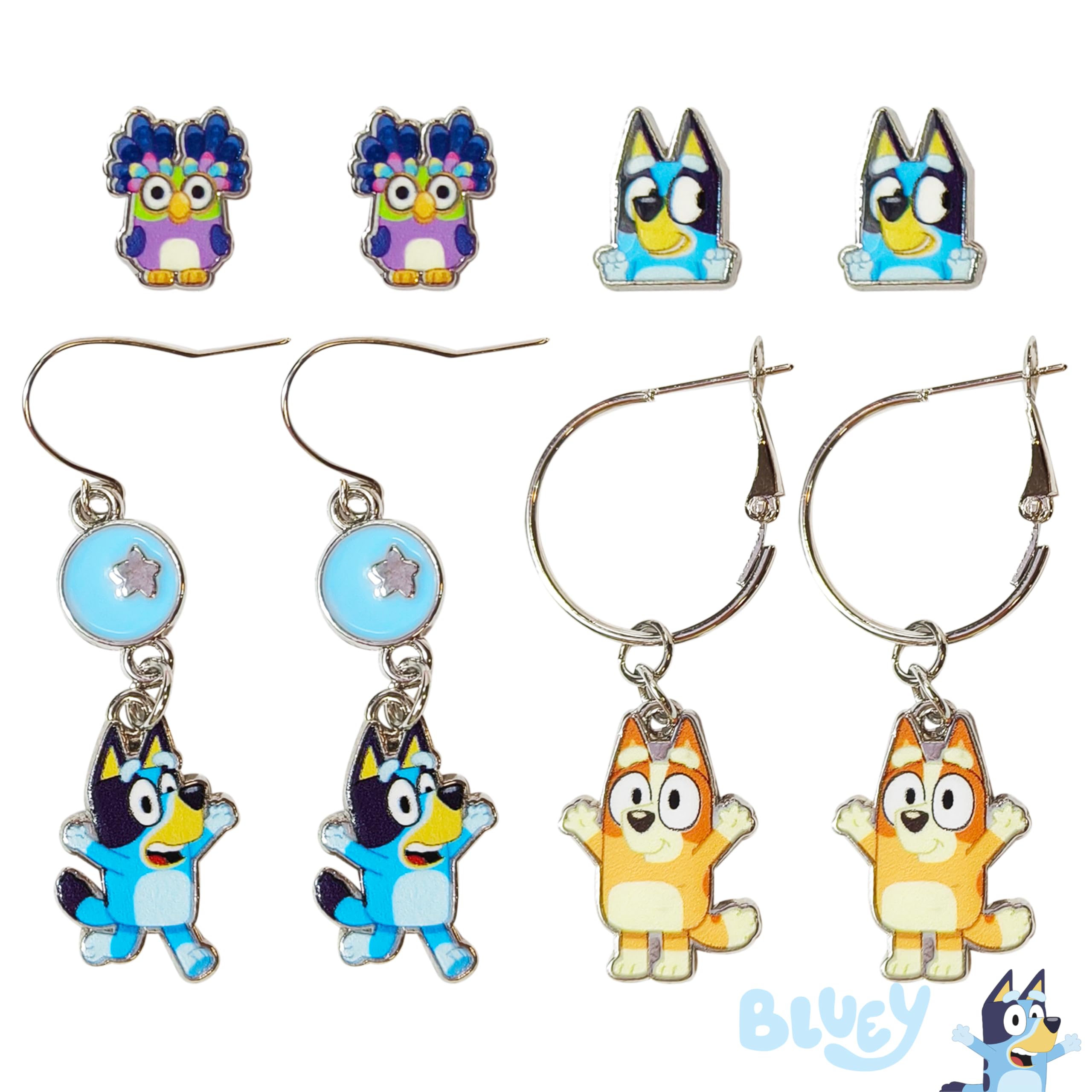 LUV HER Bluey Hypoallergenic Earrings for Girls Ages 4+ - Safe Stud & Fishhook Styles - Jewelry Gift for Sensitive Ears & Cartoon Lovers, Four Pairs