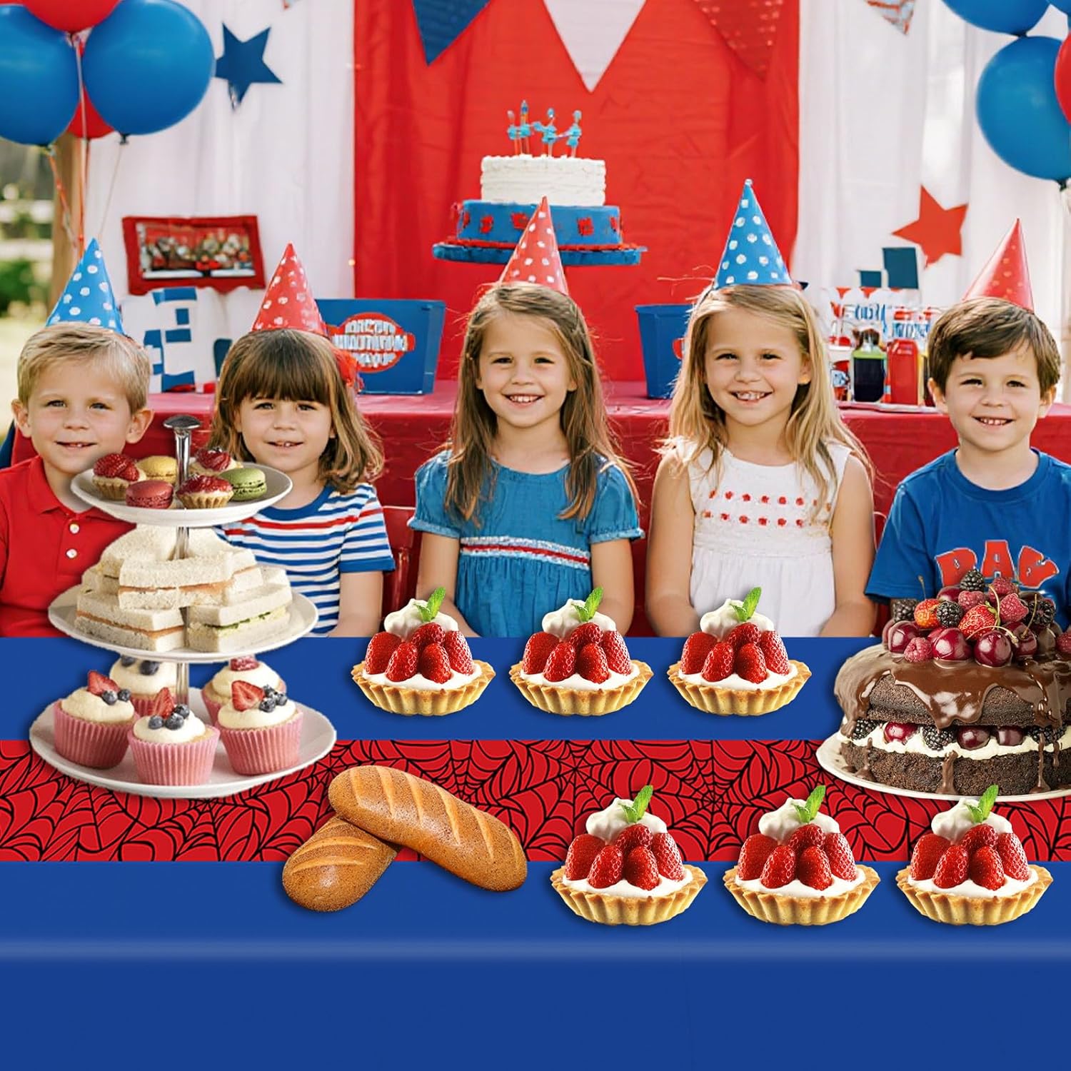 3pcs Spider Tablecloths, 54x108 Inch Plastic Blue Red Spider Web Table Covers Rectangular Cartoon Theme Birthday Supplies Decorations Table Cloth for Baby Shower Birthday Kids Boys