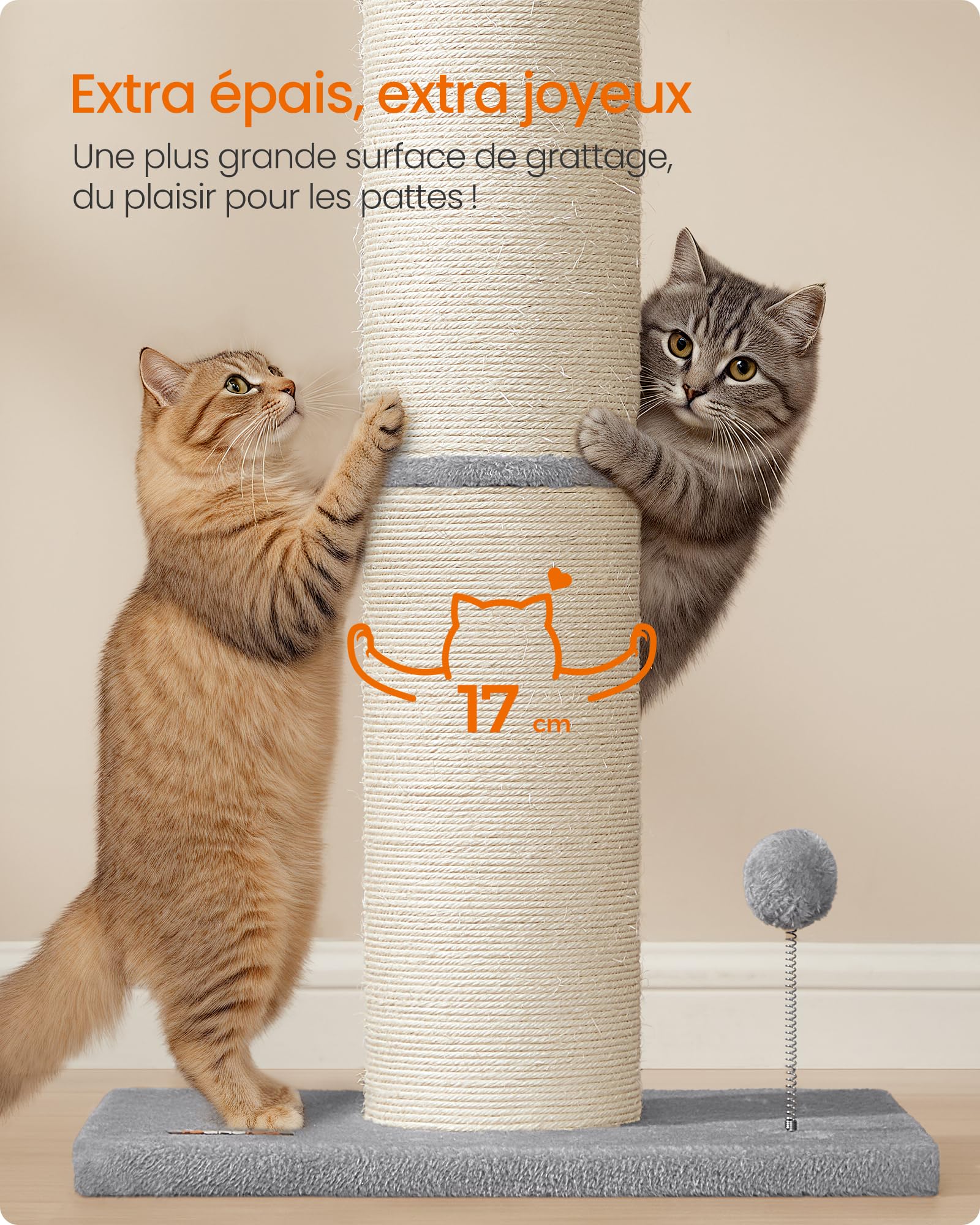 Feandrea Arbre à Chat XXL, 85 cm de Haut, Tronc de 17 cm d'Épaisseur, Poteau à Griffer Adapté aux Grands Chats comme Le Maine Coon, en Sisal, avec Balle, Clochette, Gris Tourterelle PCA042G01