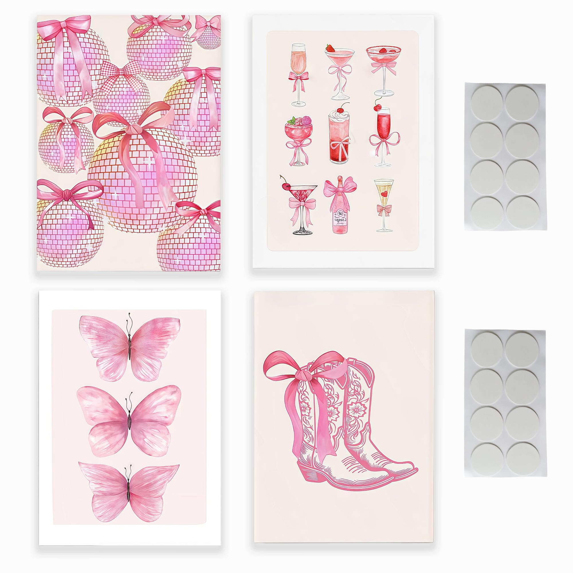 MINWEGI 4-Piece Pink Leopard Cherry Bow Poster Set for Bedroom Walls - 20x25cm Cute Wall Art for Girls Room Decor with 16 Double-Sided Stickers (Sweet Style, Matte Paper)