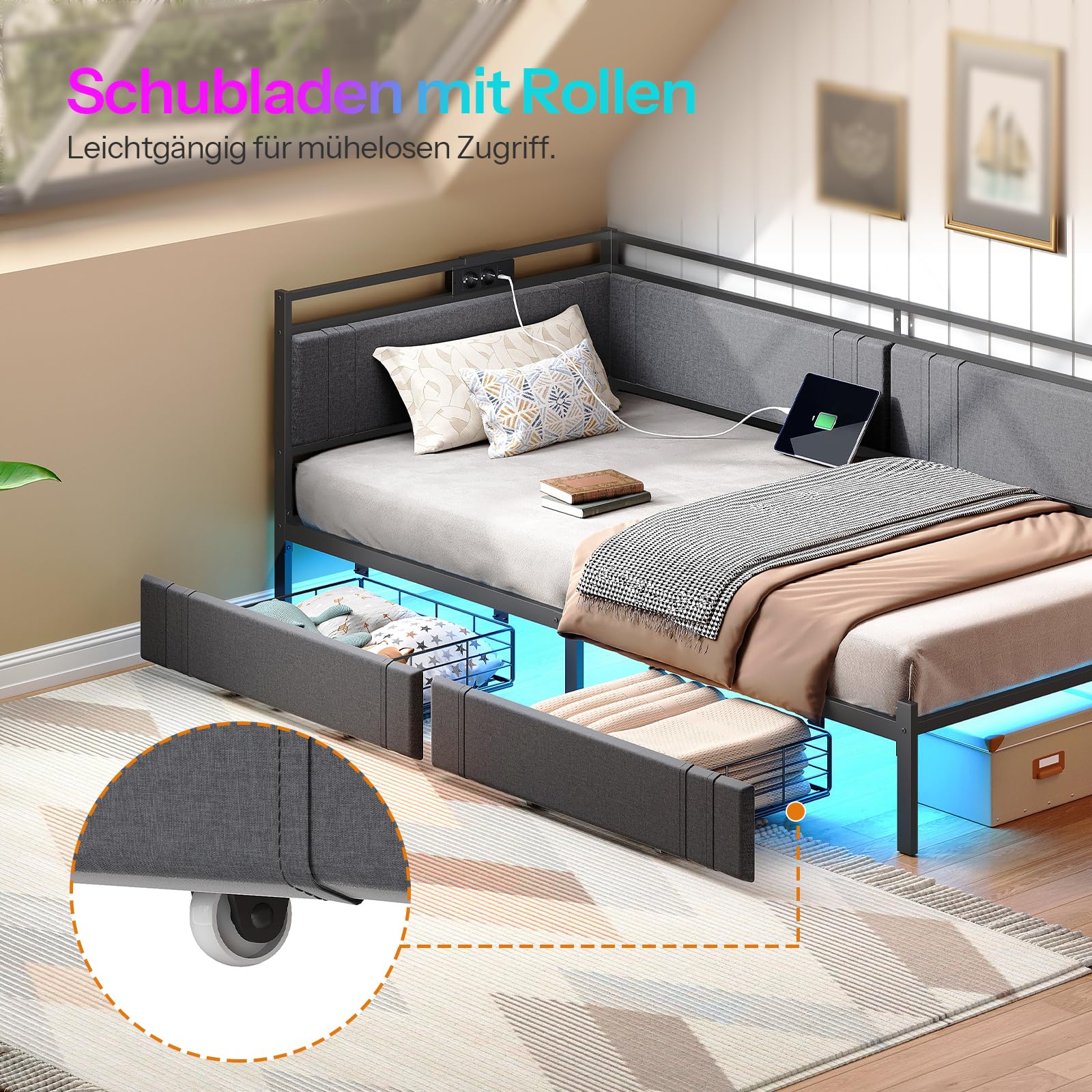 HOOBRO Polsterbett Schlafsofa 90x200, Jugendbett mit LED-Beleuchtung und USB-Ladestation, Tagesbett mit 2 Schubladen und Lattenrost, Gästebett, Einzelbett, Grau und Schwarz EBG81CDBF01