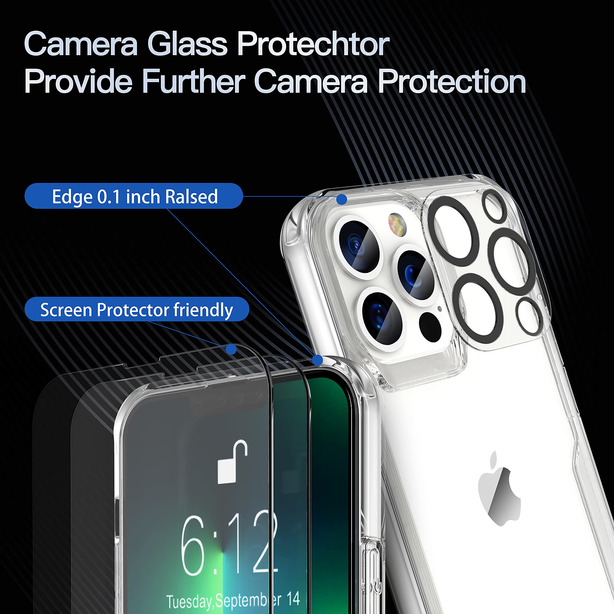 ORETech Cover per iPhone 13 Pro(6.1 Pollici),[2 Pezzi Pellicola Protettiva in Vetro Temperato& 1 Pezzi Pellicola Fotocamera]Custodia Antiurto Ultra Sottile Hard PC TPU Cover iPhone 13 Pro -Trasparente