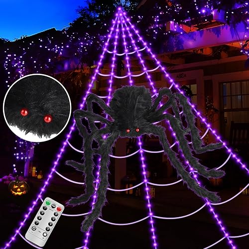 3D HD Dynamic Giant Spider Halloween Projector+Brighter Spider Webs Lights Set,250 Purple LED Light Up,8 Modes 16.4Ft Giant Spiderweb with Remote Control,with 48'' Giant Spider