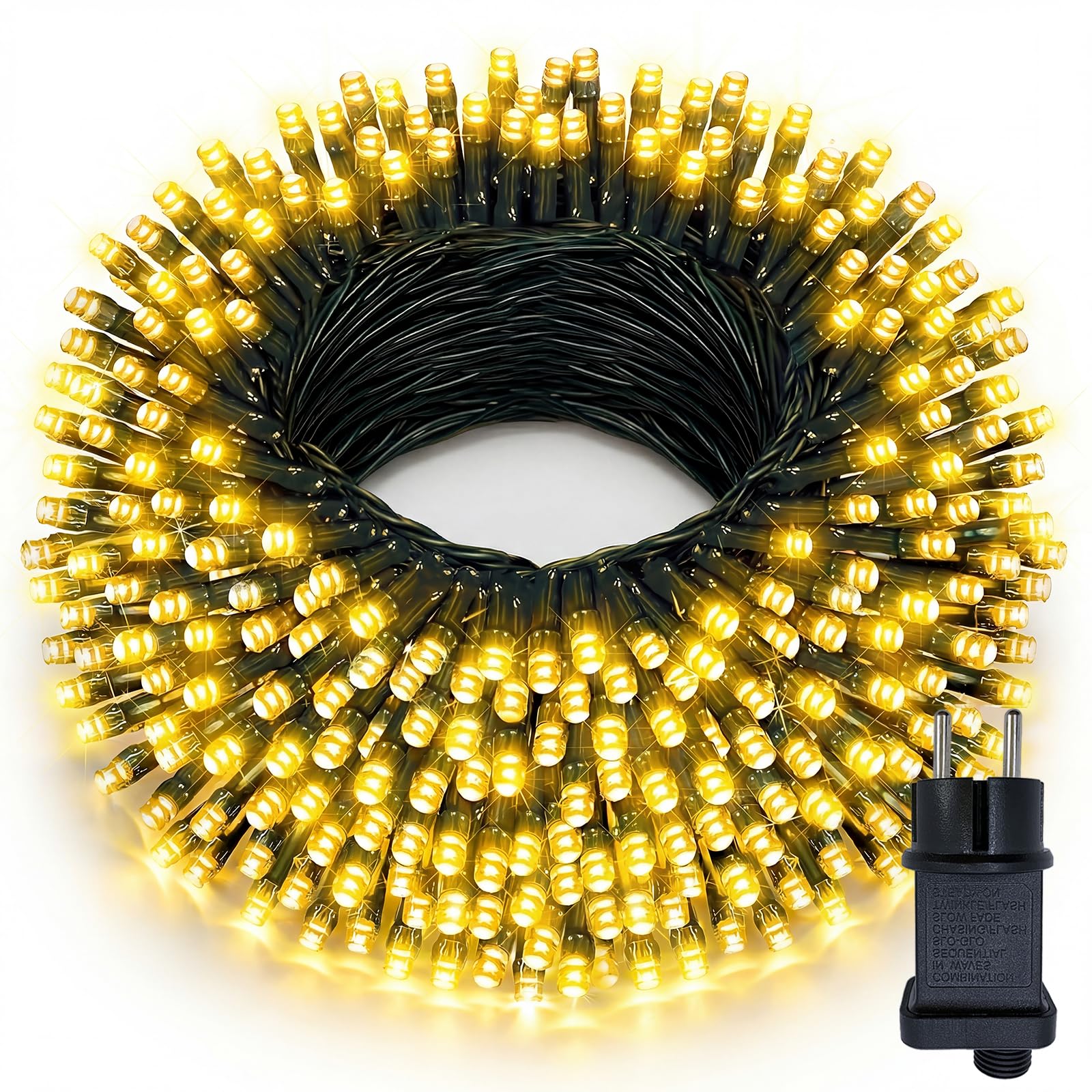 Guirlande Lumineuse Extérieure 100m 1000 LED Blanc Chaud, 8 Modes avec Prise 31V-7,2W, Mémoire et Minuterie, Étanche IP44, Câble vert Foncé, Idéale pour Mariage, Fête, Jardin, Noël