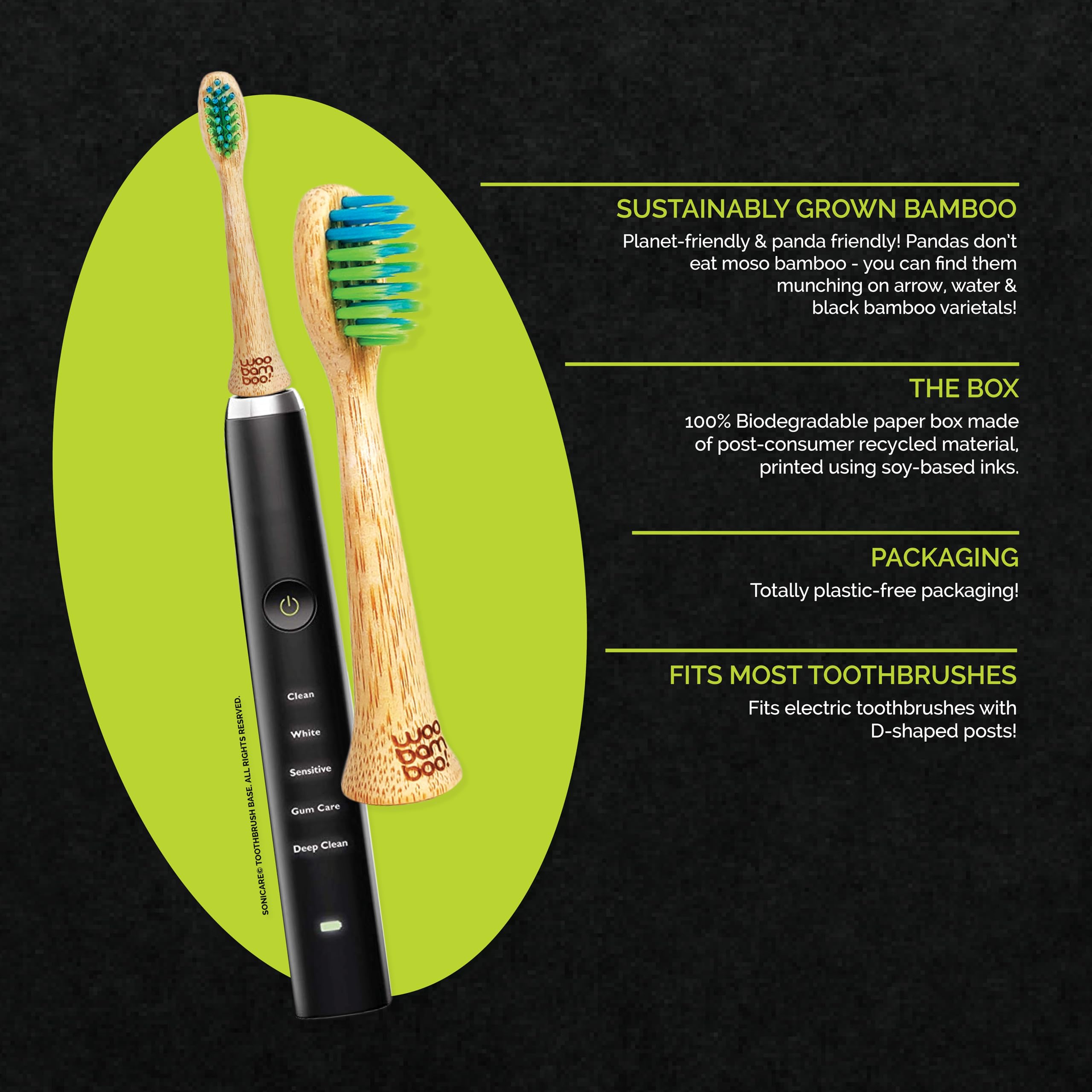 WooBamboo! Reemplazo de cabeza de cepillo de dientes eléctrico de bambú, ecológico, biodegradable, vegano