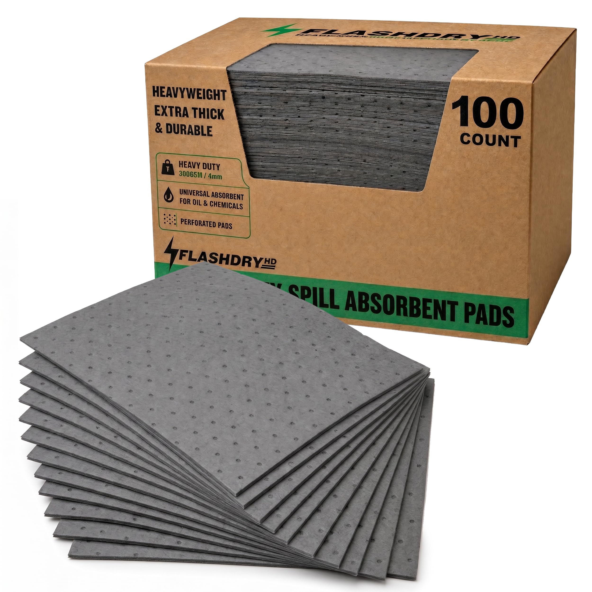 FLASHDRY Almohadillas absorbentes universales de alta resistencia – 300 g/m²/4 mm (paquete de 100, 17.5 x 13.5 pulgadas) – Almohadillas de absorción superior para derrames de aceite y productos