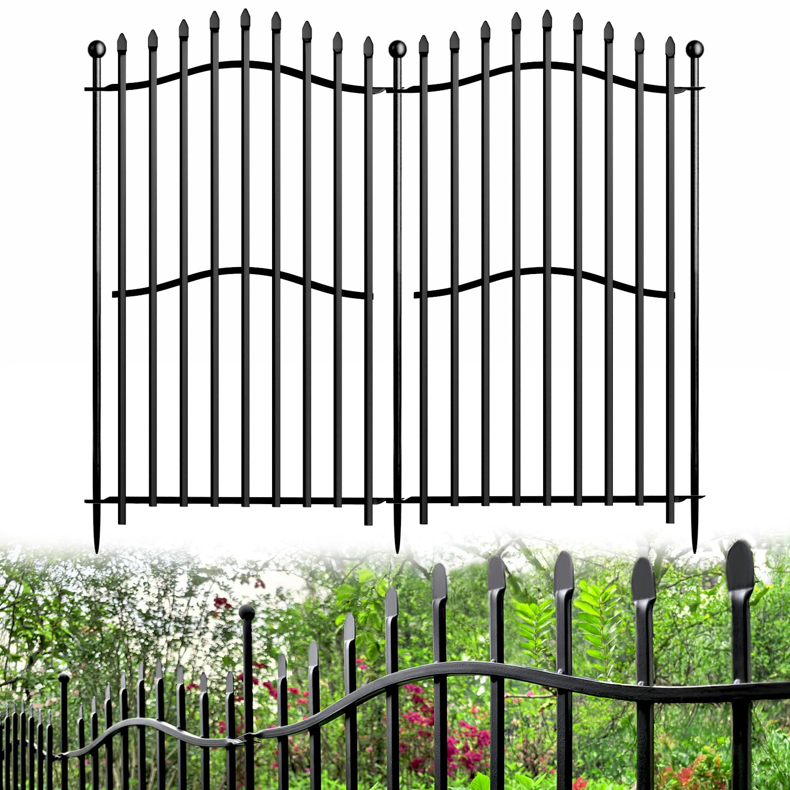 8 Panels Tall No Dig Garden Fence - 40in H x 18ft L, Reinforced Square Tube Rustproof Animal Barrier, Decorative Metal Fencing for Yard & Outdoor Dog Pet Play Areas