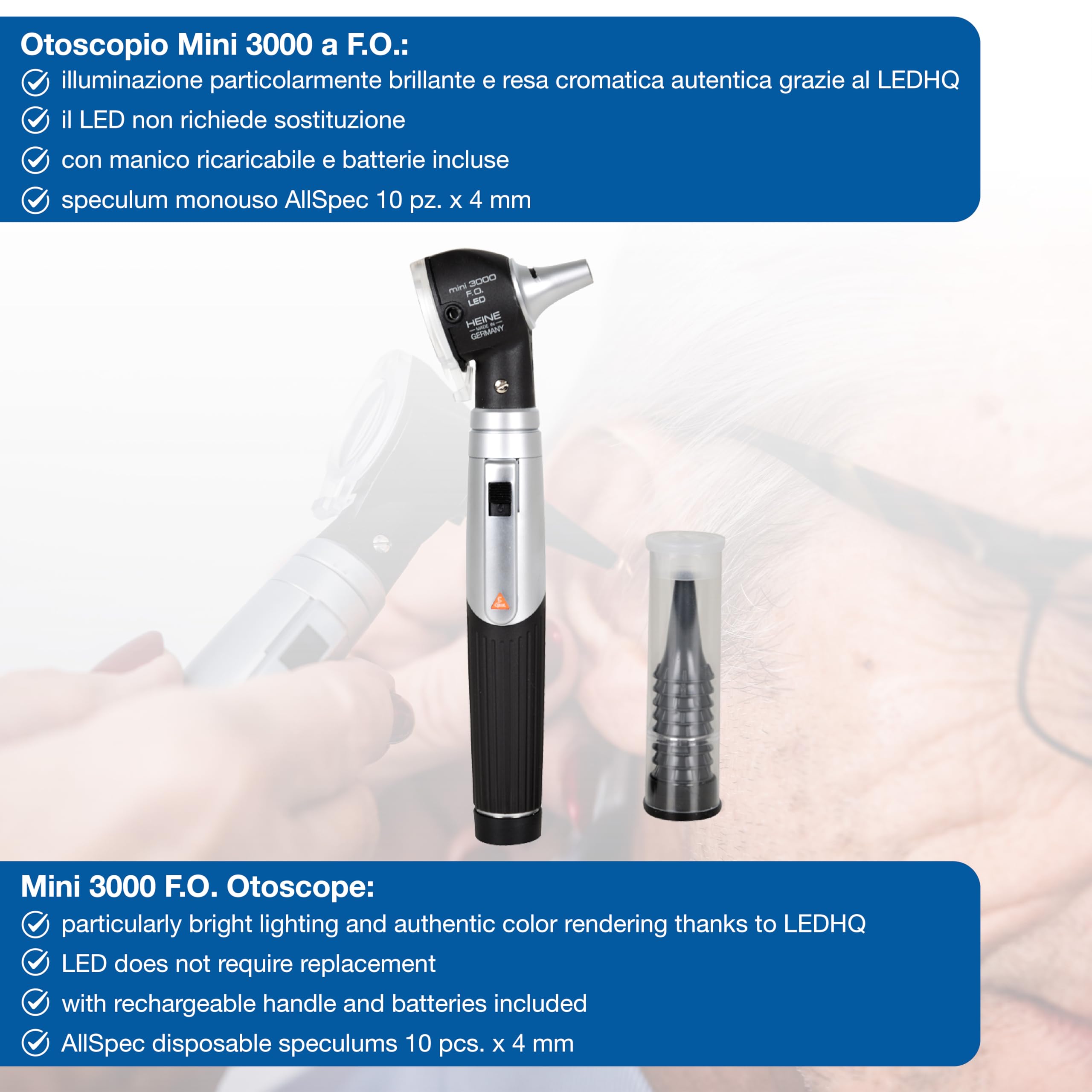 Heine Gima - mini 3000 LED F.O. Otoscopio - Negro