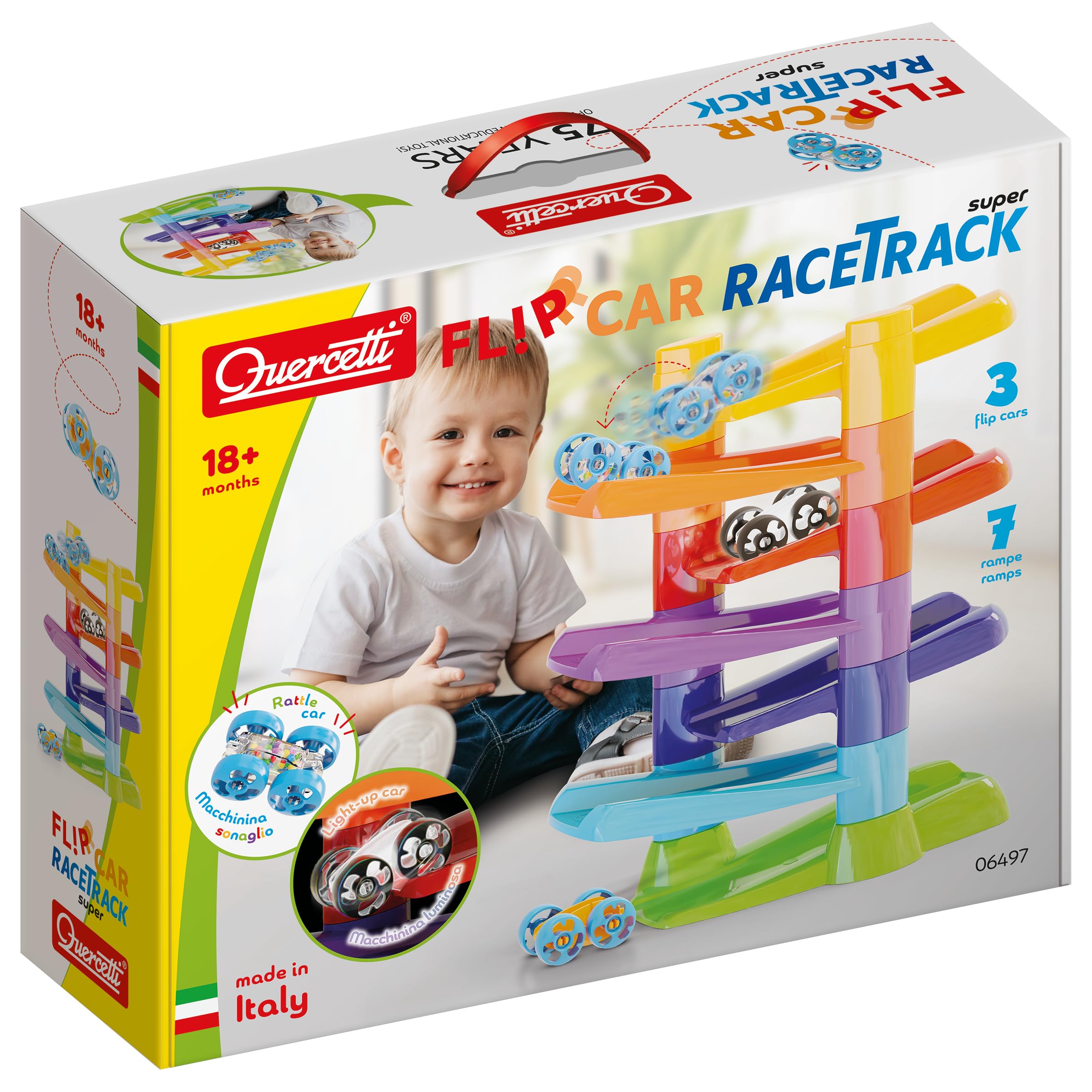 QUERCETTI 06497 Flip Car Race Track, Pista Biglie Per Bambini, Gioco Educativo e Creativo 18mesi+ con 7 Rampe e 3 Flip-Car per Sviluppare Coordinazione e Motricità Fine, Made in Italy