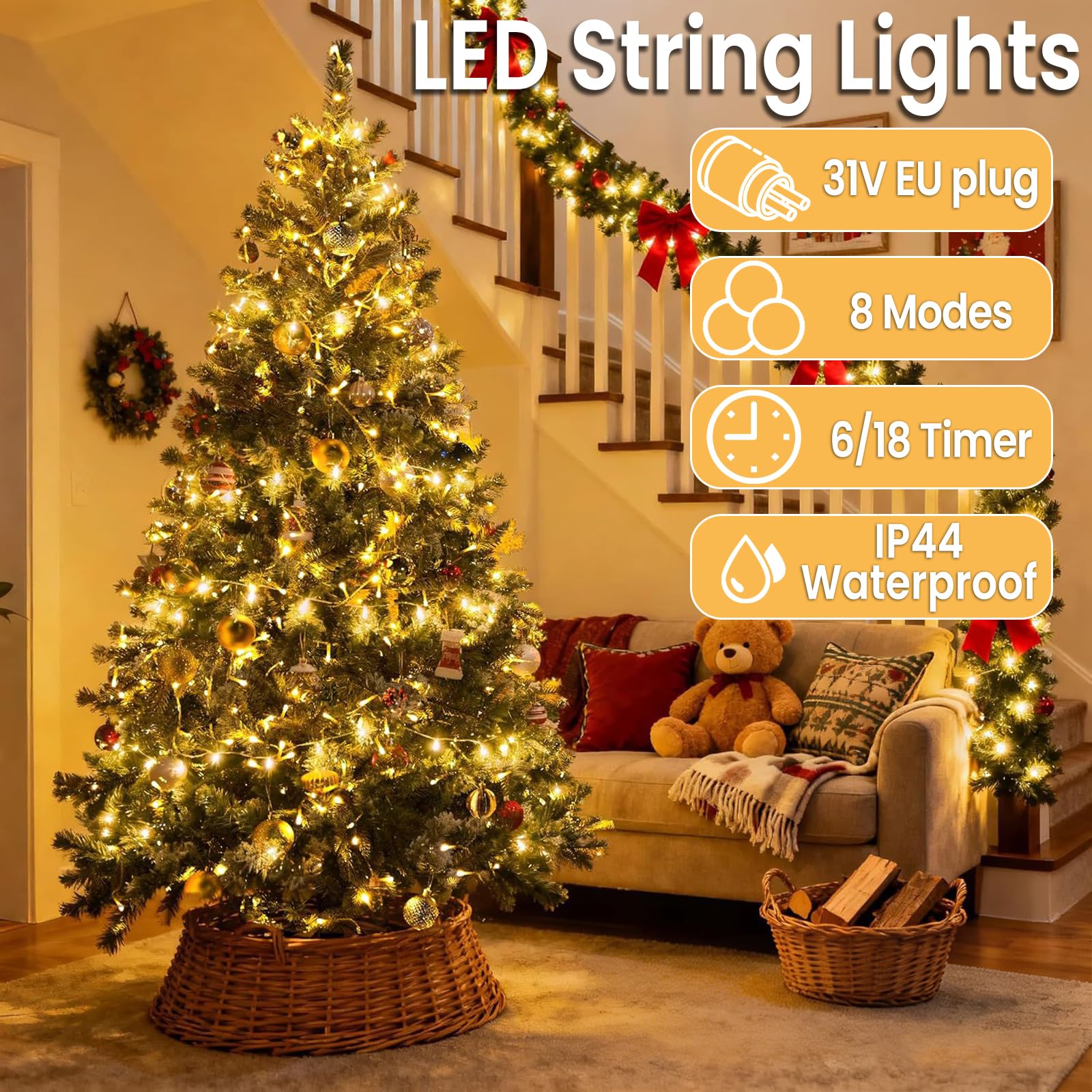 Luces Navidad exterior 100m 1000 LED arbol Navidad con 31V enchufe: temporizador, función de memoria, 8 modos, IP44 resistente al agua para fiestas Halloween Pascua jardín, Blanco cálido