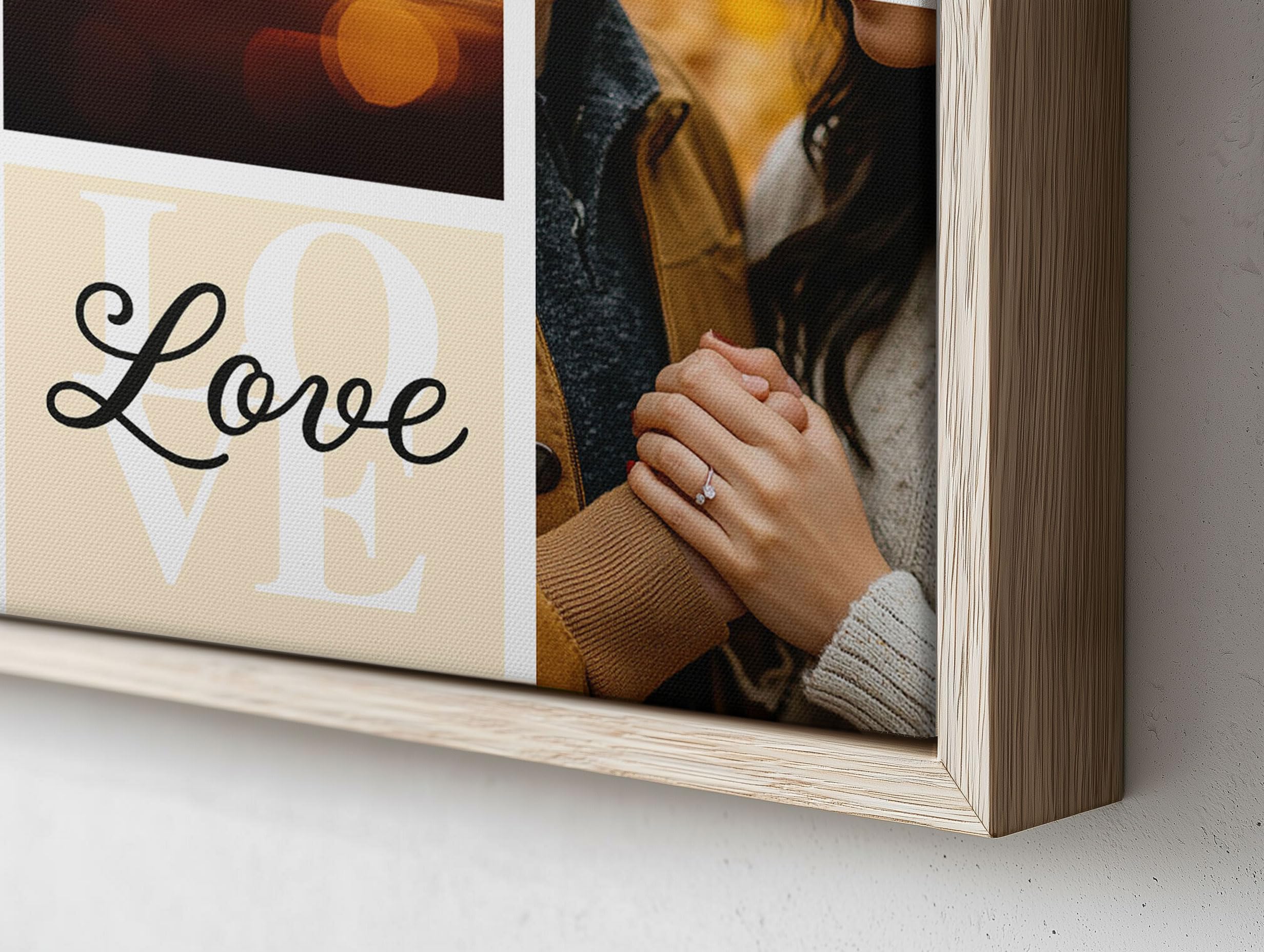 ConKrea - Quadro Personalizzato “Love Moments” 50x50 cm con Cornice Rovere Chiaro - Stampa su Tela con Foto Multiple - Idea Romantica per Coppia o Sposi