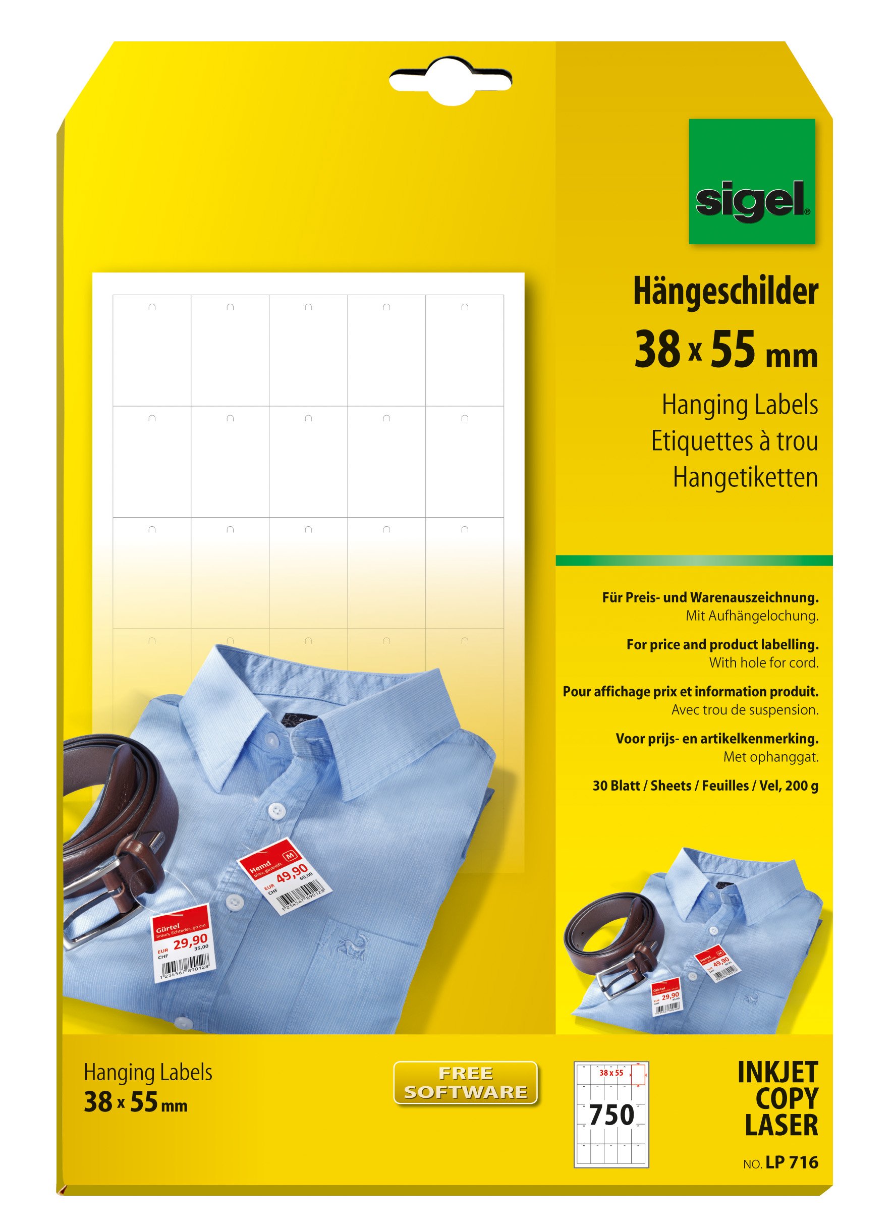 Sigel LP716 Hanging Labels, for Price and Goods Labelling, 1.5 x 2.17 inches, White, 750 pcs.