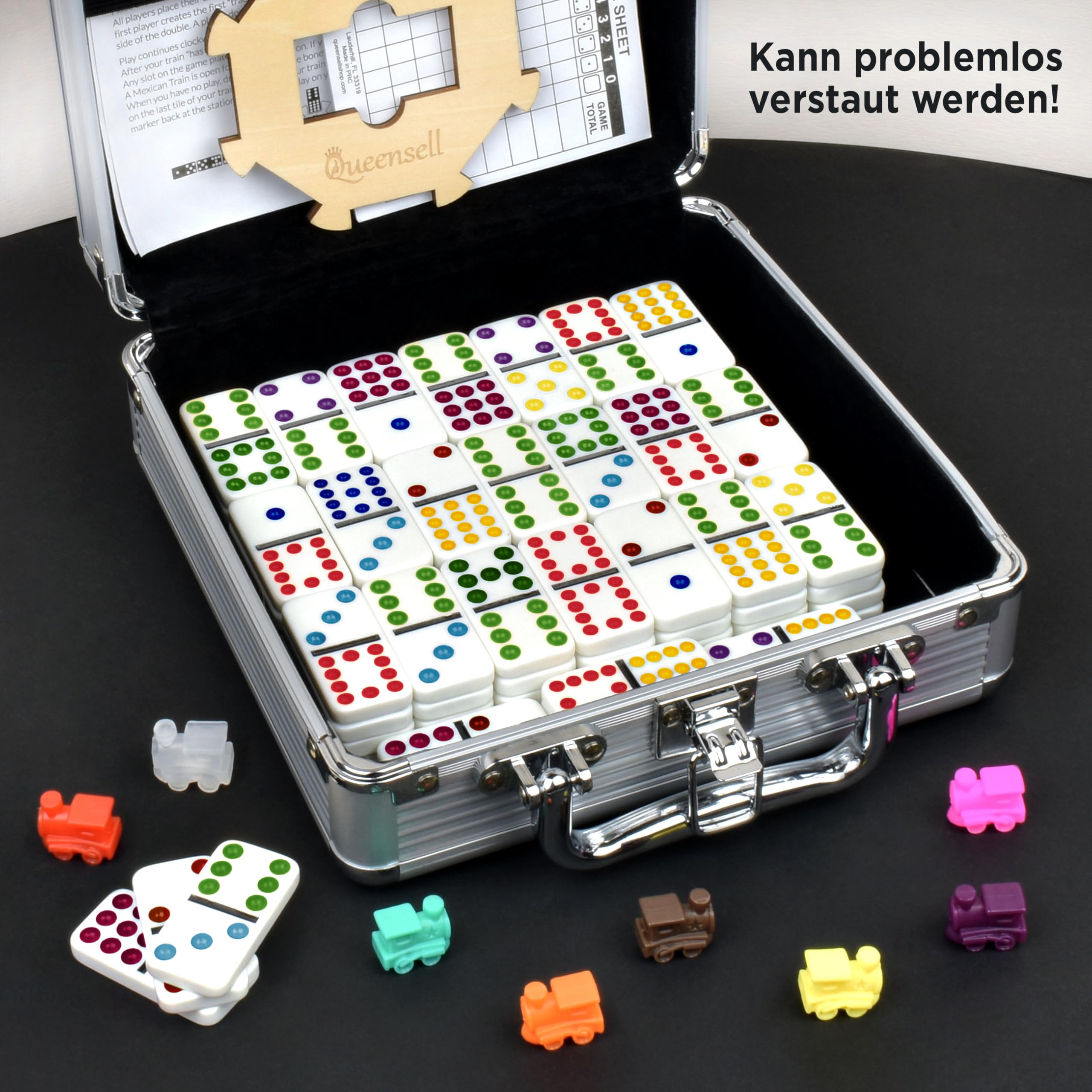 Queensell Mexican Train Domino-Set mit Holzmittelstück, Domino-Brettspiele – Doppel-12 Domino-Set für Familienspieleabende für Erwachsene und Kinder ab 8 Jahren