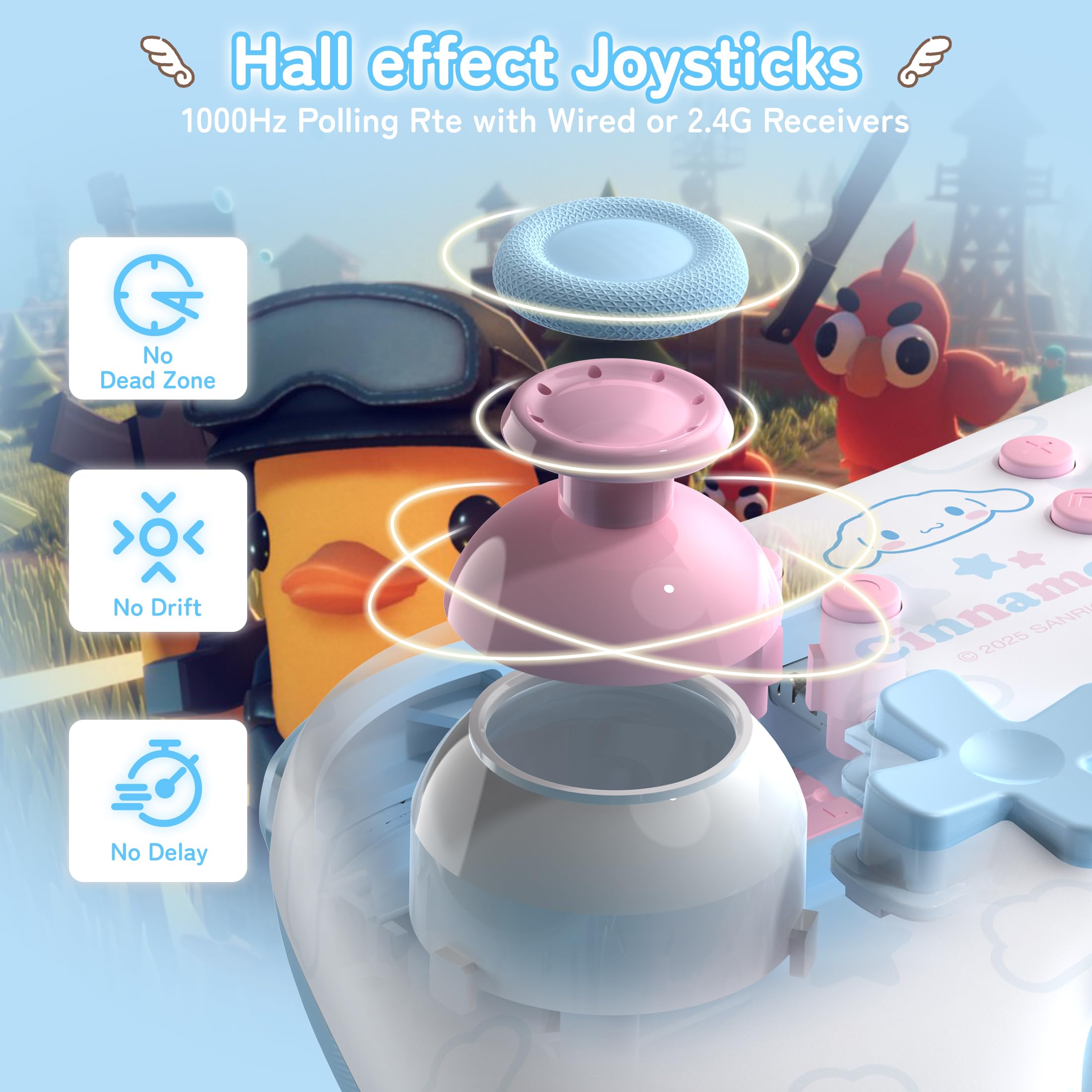 Kuitmor Wireless PC Controller mit RGB, Hall Effekt Joysticks, 1000 Hz, Turbo, Remappable Buttons, PC/Switch/iOS/Android/Linux, Blau Cinnamoroll