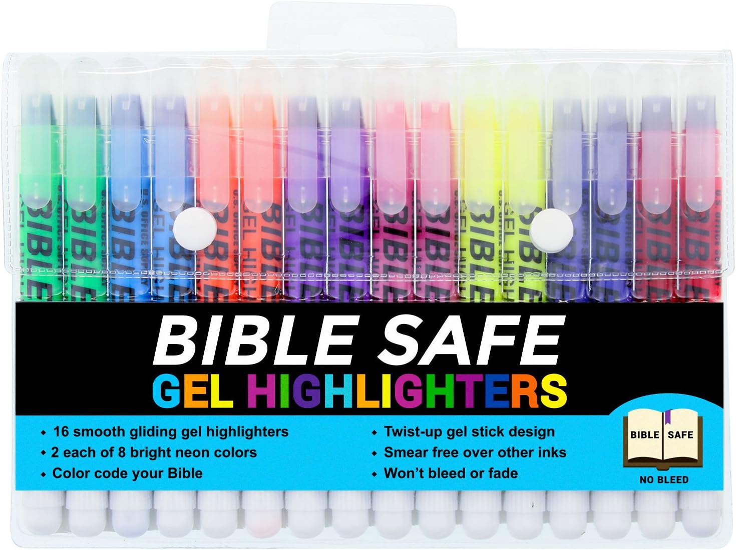 US Office Supply U.S. Bible Safe Gel Highlighters - 8 Bright Neon Highlight Colors in 16 Marker Set - Won't Bleed, Fade or Smear - Study Guide