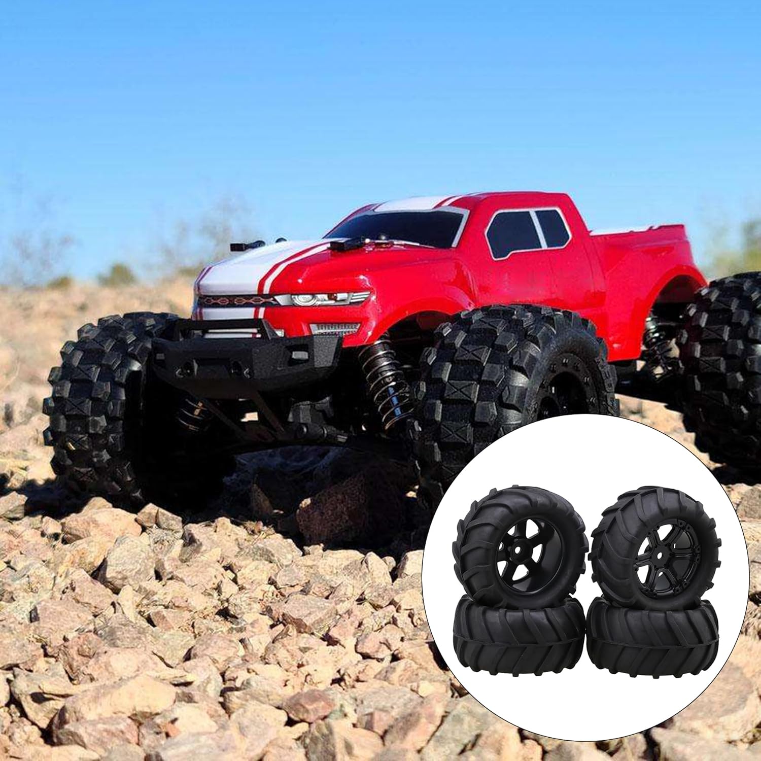 lovermusic 4PCS 1/16 RC Crawler Truck Off Roader Rubber Tires and Rims, 3.35x1.65inch Rock Climbing Tires