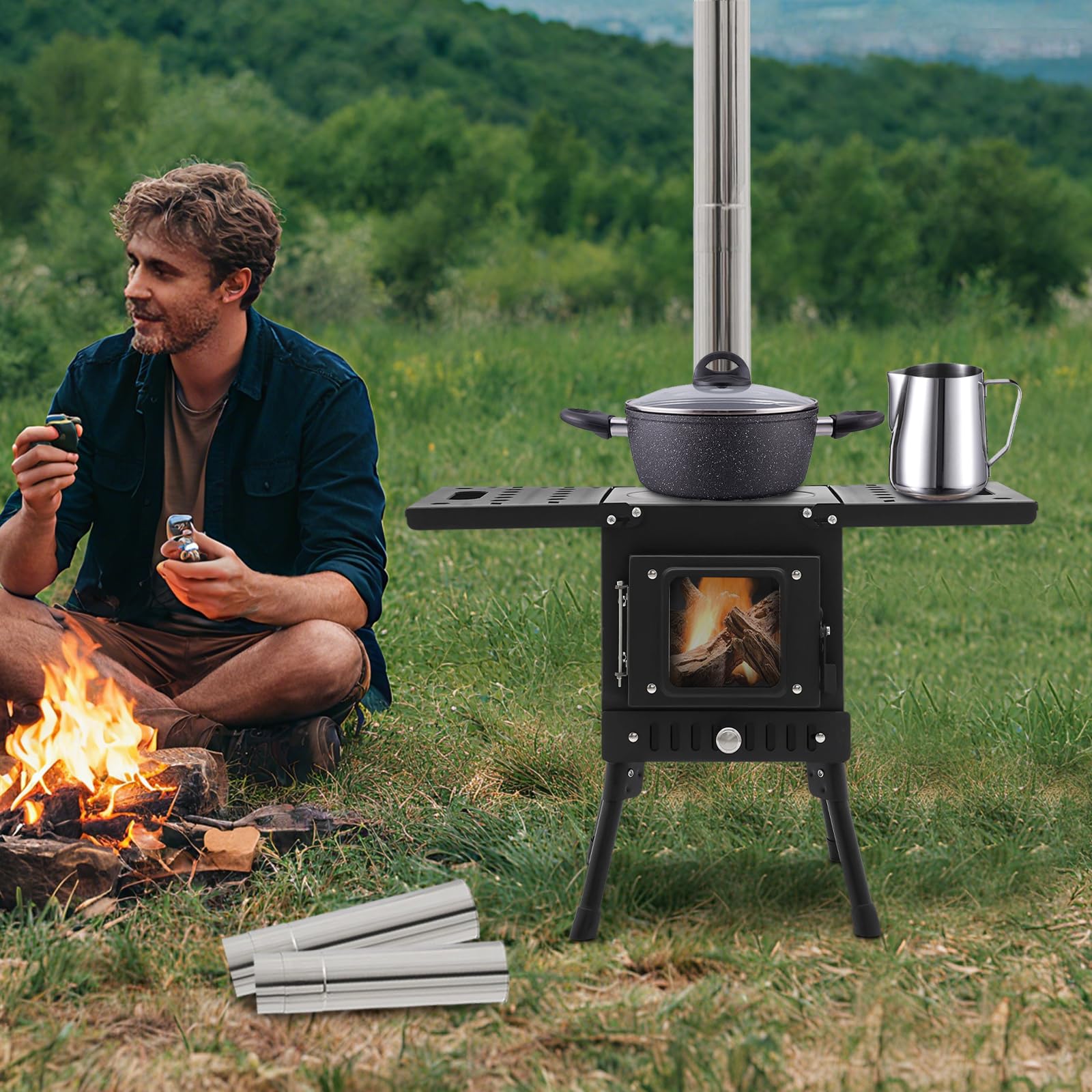 Poêle à bois portable pliable en acier au carbone avec tube de cheminée et fenêtre de visualisation - Pour extérieur, cuisine, jardin, pêche, pique-nique - Hauteur réglable de 36 à 56 cm