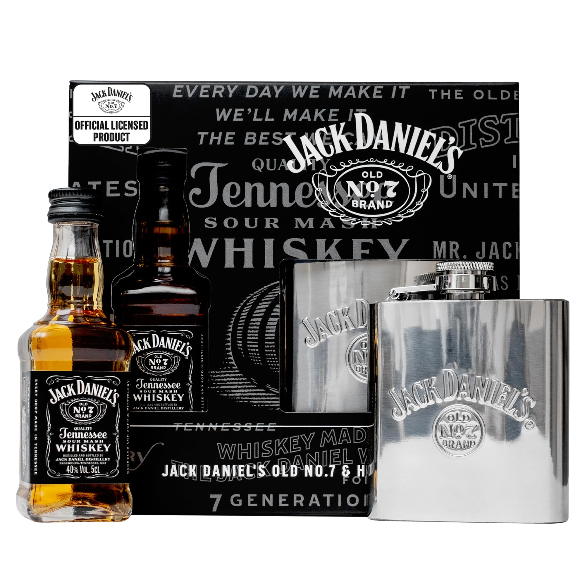 Jack Daniels Gift Set - Mini Whisky Gift Set 1x 5cl JD Whisky Old No7 Alcohol Miniatures, JD Tennessee Whiskey 3oz Hip Flask - Jack Daniels Gifts for Men, Birthday, Boyfriend, Fathers Day