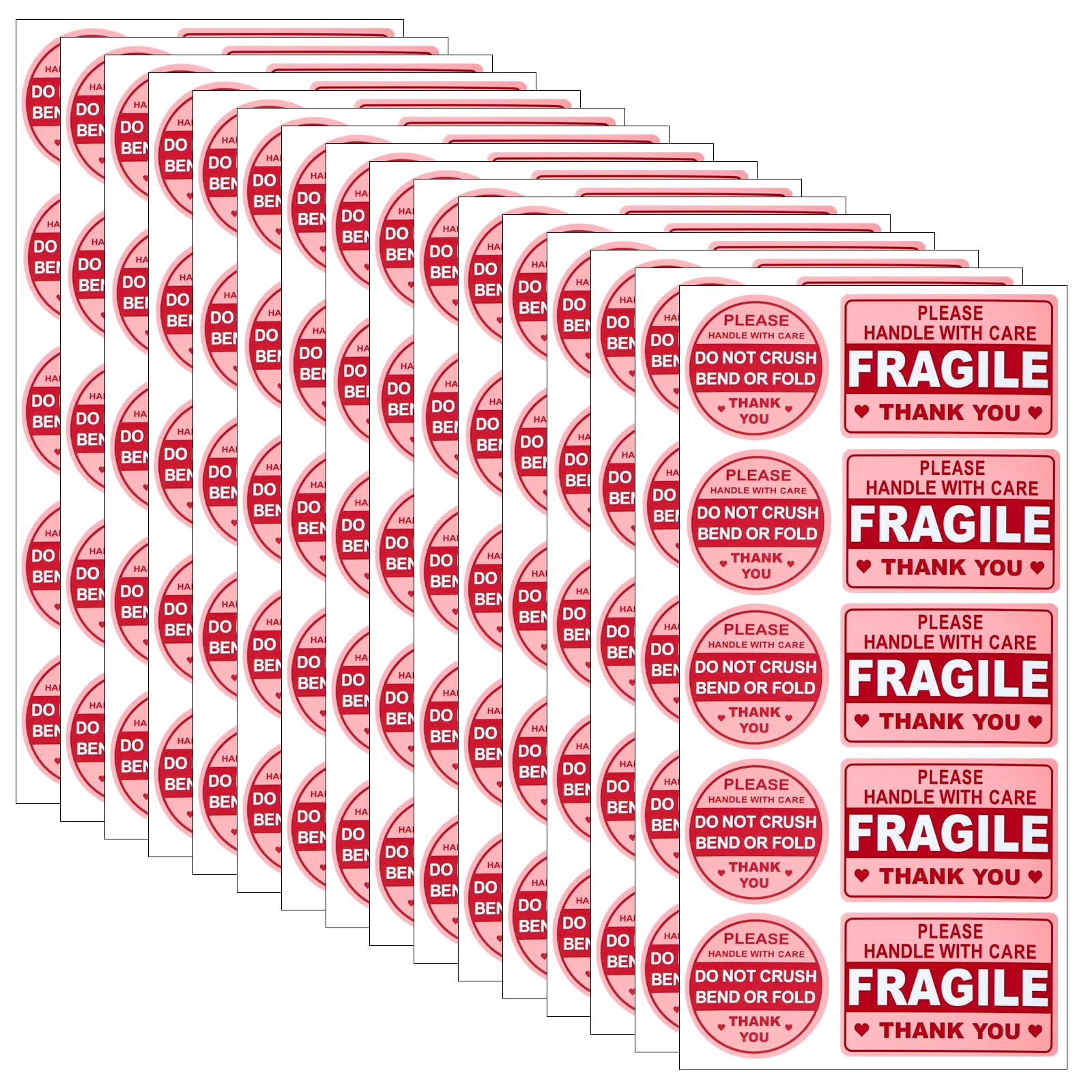500 Pcs Labels Fragile Sticker, Pink 1.5 Inch Round & 2.2 x 1.5 Inch Rectangle Fragile Label Handle with Care Thank You Labels, Cute Adhesive Shipping Stickers for Box, Moving, Glass, Cartons