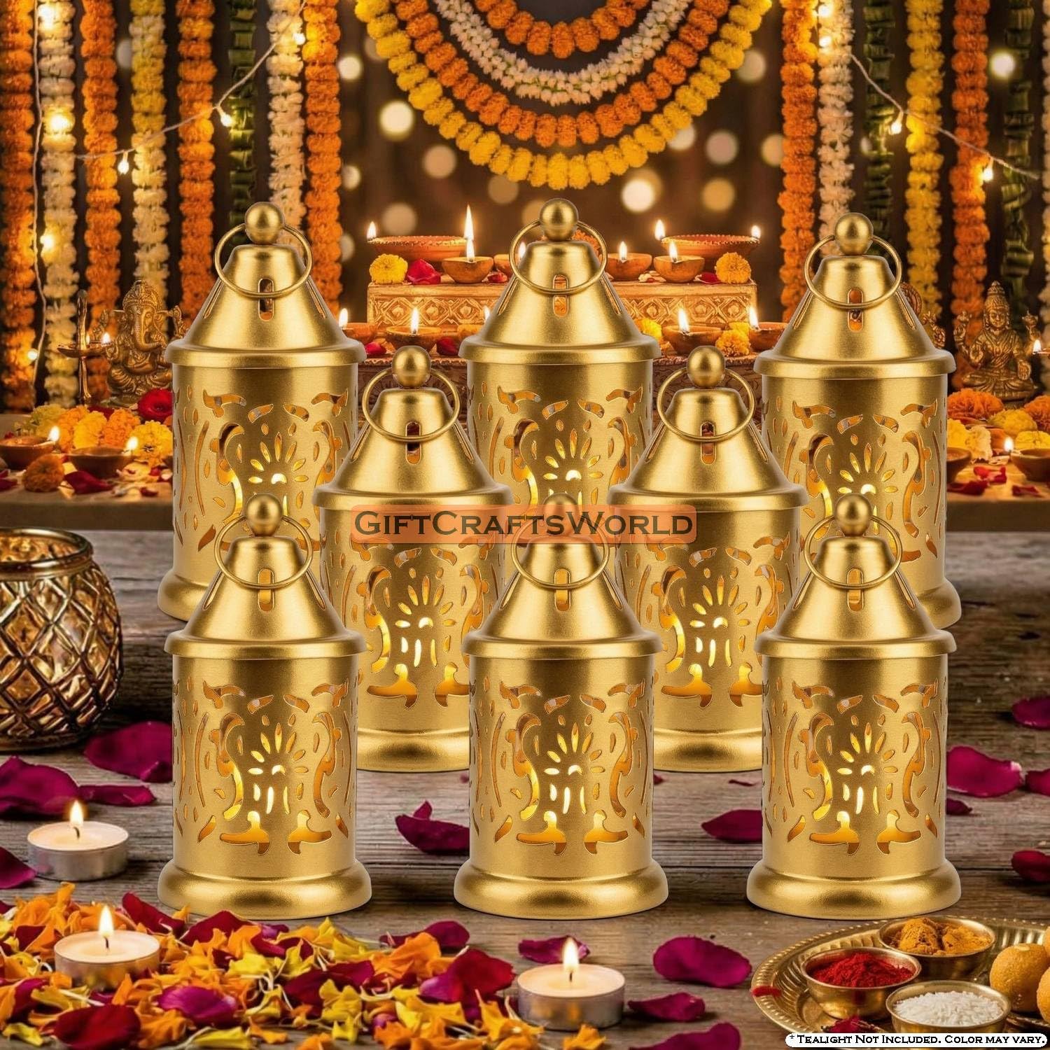 Premium Hanging Metal Mini Lantern Lights for Diwali Home Decoration, Festive Decor, Balcony, Indoor and Outdoor Decorative Items for Living Room Decors (Golden, Set of 8)-image-10