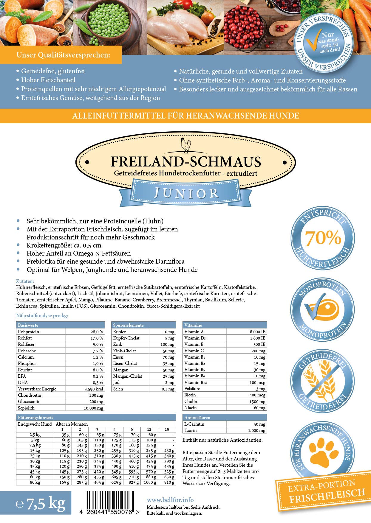 Bellfor Freiland-Schmaus Junior Trockenfutter mit Huhn für Welpen und Junge Hunde Getreidefrei Optimal für ernährungssensible Hunde Hoher Anteil an Omega-3-Fettsäuren 7,5 kg