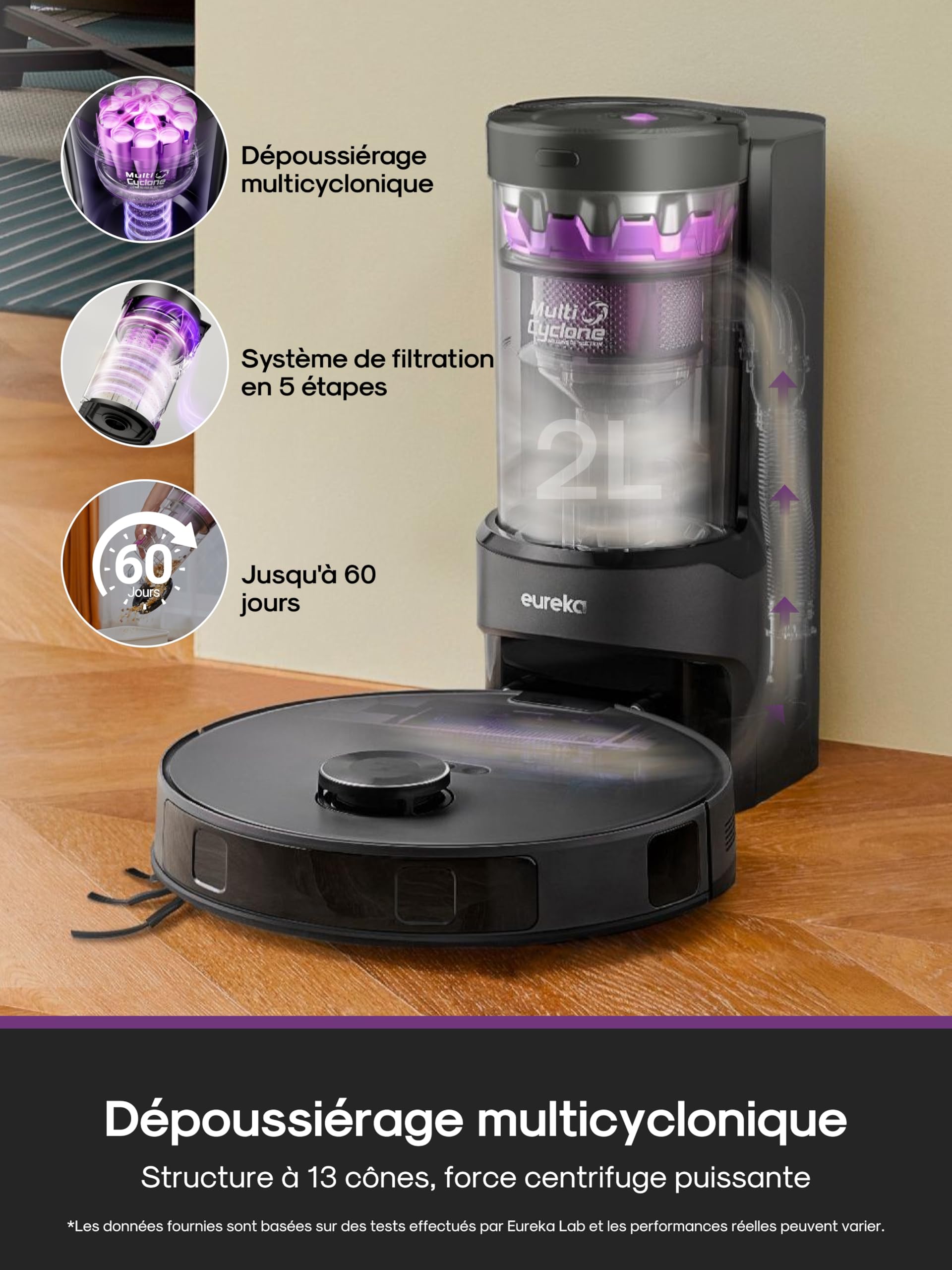 Eureka E20 Evo Plus Robot Aspirateur Laveur avec Station sans Sac Aspiration 10000 Pa Aspirateur Robot Autovidange, Anti Enchevêtrement pour Cheveux Poils d'animaux, Soulèvement de Serpillière 10mm