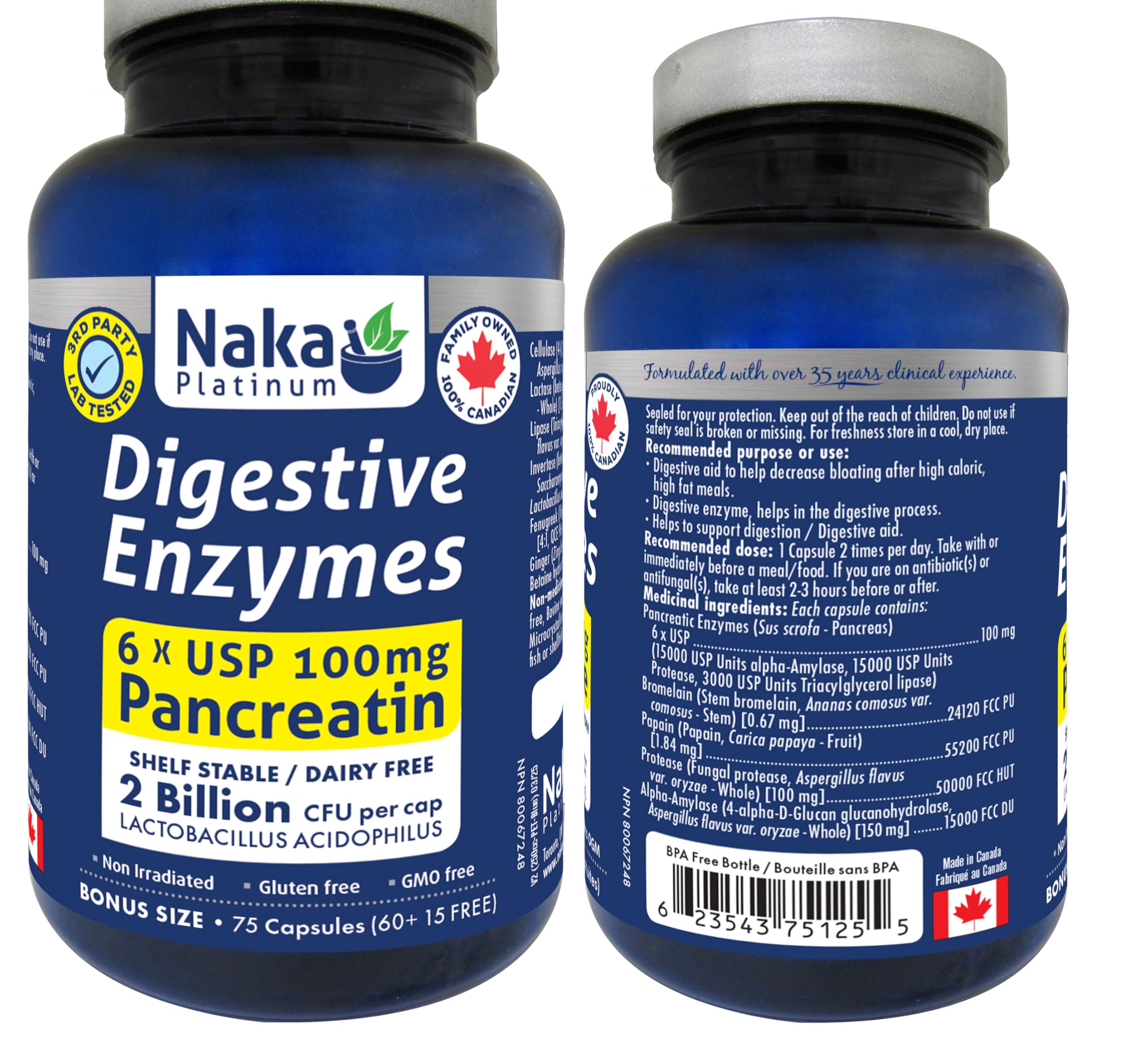 75 caps Naka Platinum Digestive Enzymes, 6 X USP 100mg Pancreatin