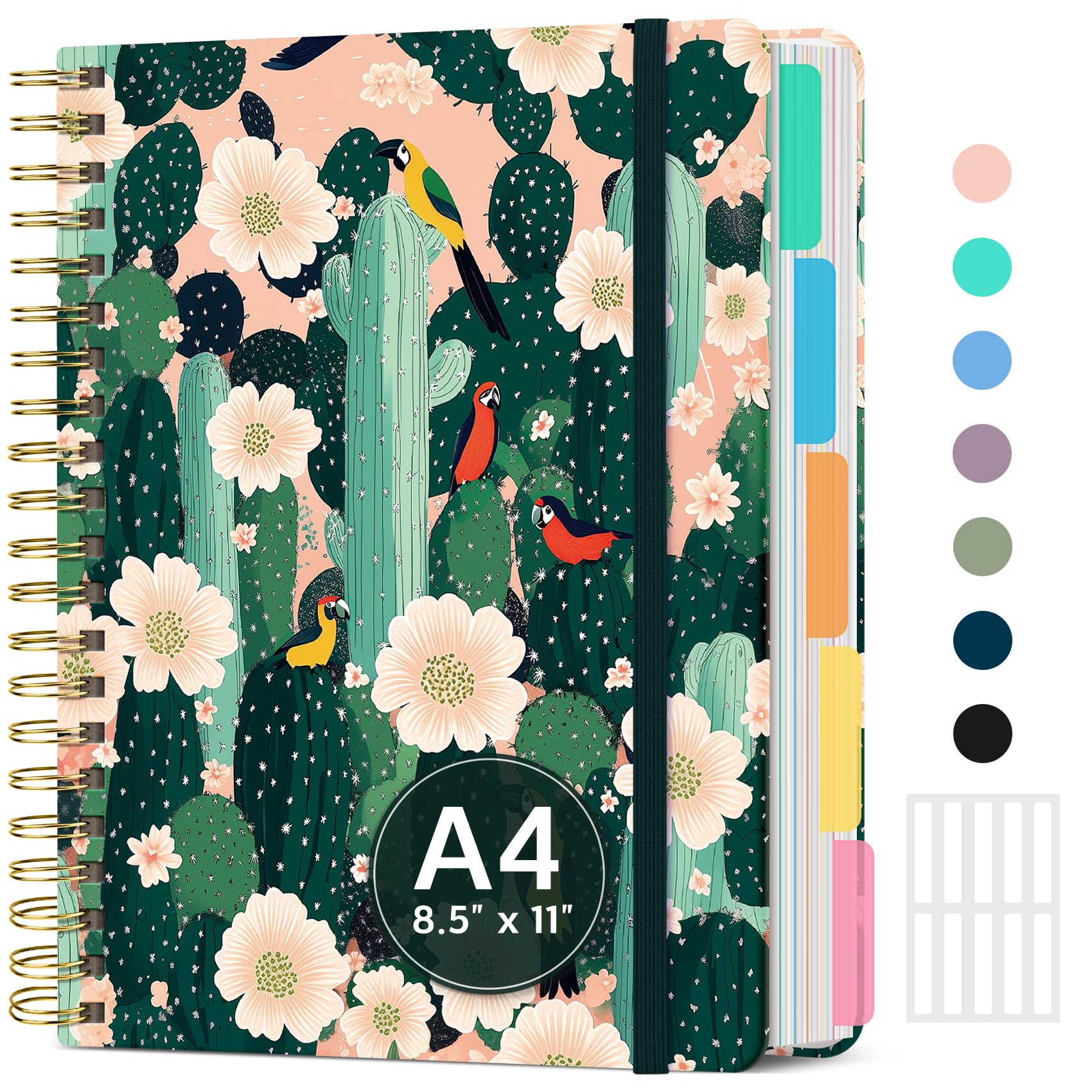 Cuadernos grandes con forro en espiral para el trabajo con separadores y pestañas extraíbles, 8.5 x 11 pulgadas, bonita tapa dura, cuaderno de 5 asignaturas para mujeres, rayado universitario
