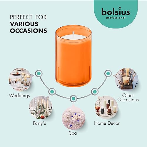 Miniatura 4 de BOLSIUS Velas votivas de 24 horas Paquete de 20 velas de Halloween en vasos de plástico irrompibles color naranja Calidad europea premium Velas