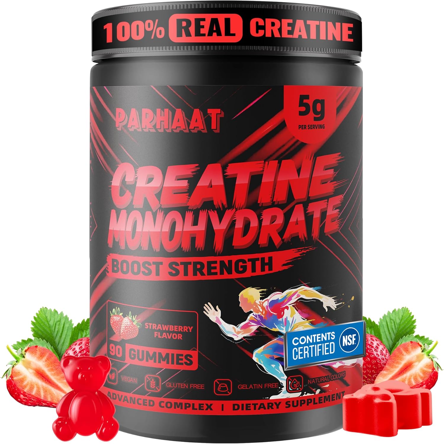 Creatine Monohydrate Gummies 5g for Men & Women - Boost Focus,Strength, and Endurance, Anti-Melting Formula, Vegan, Gluten-Free, Non-GMO, 2.5 Gram Creatine per Gummy (Strawberry 90 ct)