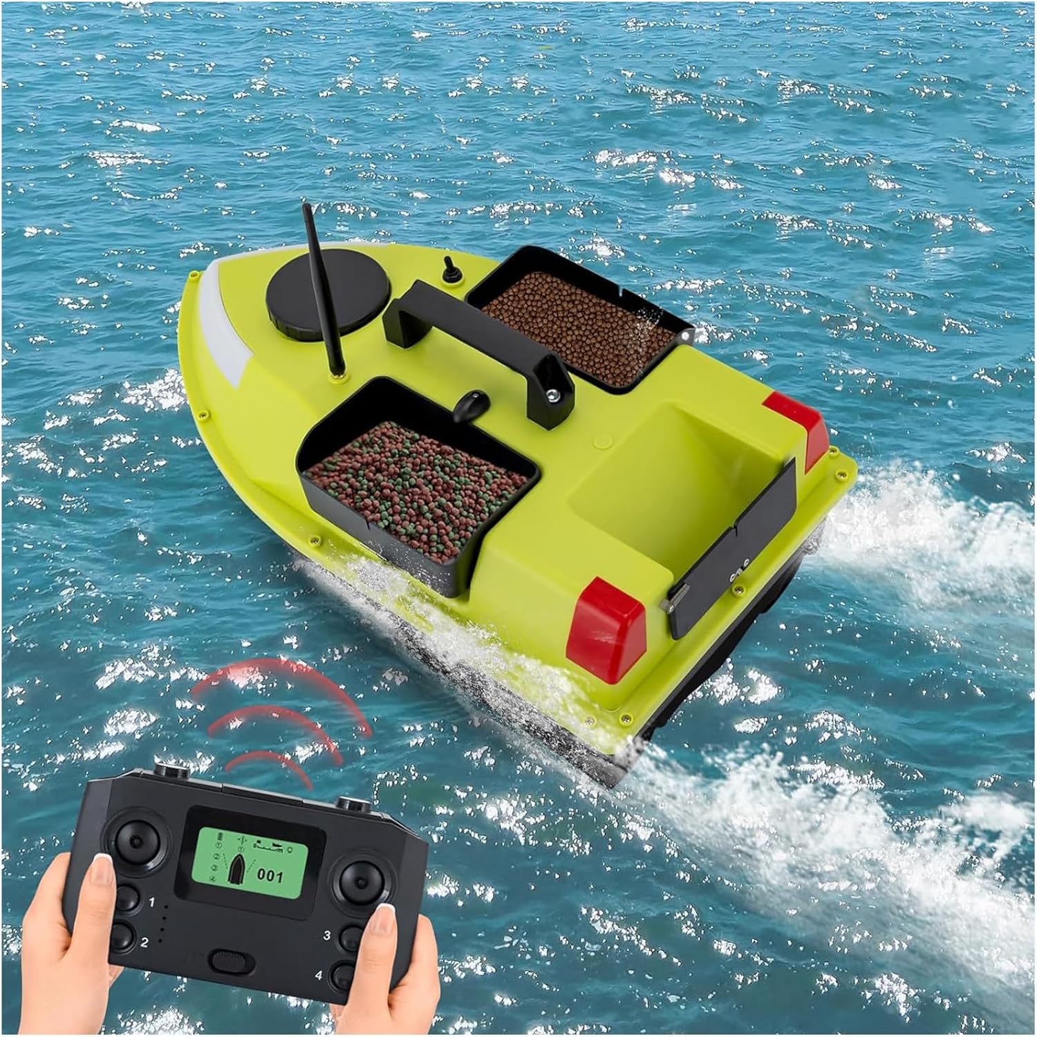 Barco de Cebo RC con GPS y Mando a Distancia de 500m, Doble Motor, Capacidad de Carga 2kg, Control de Crucero, Luces LED, 3 Tolvas, Pantalla LCD, Bolsa de Transporte, Casco ABS, 99 Puntos de Ruta